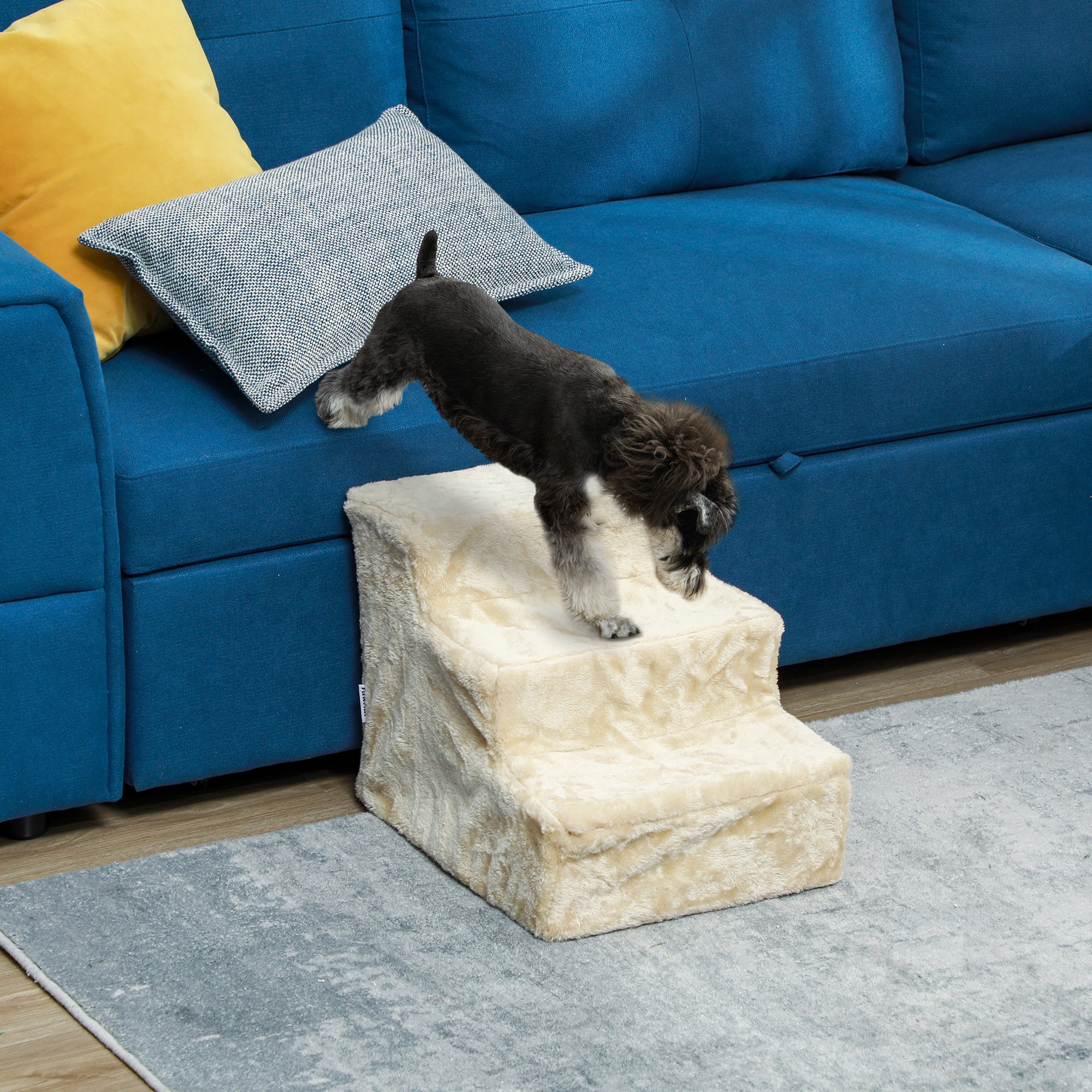 PawHut Dog Steps for Sofa, 3 Steps Dog Stairs, Pet Stairs, with Washable Plush Cover, for Small Breeds, Cats - Beige