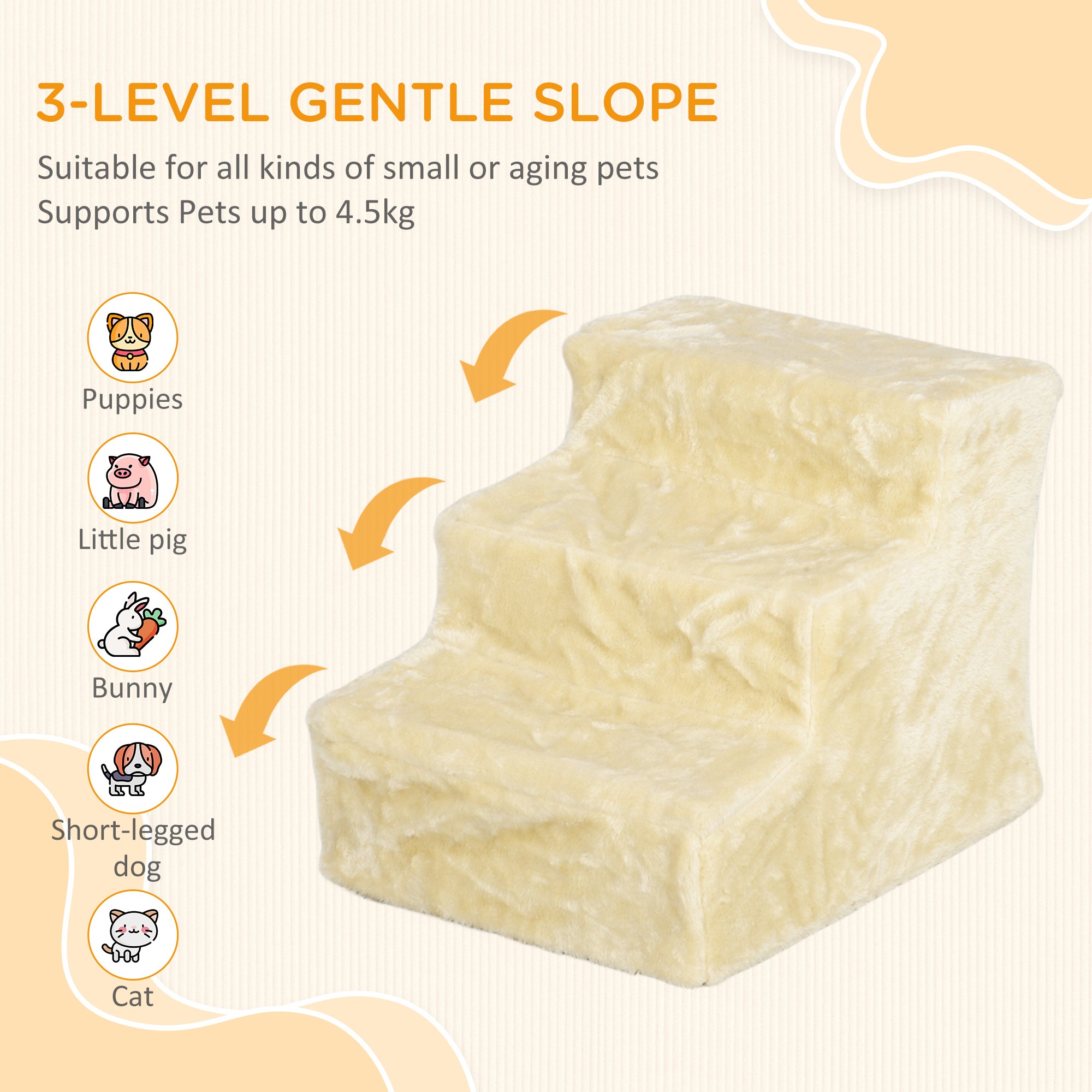 PawHut Dog Steps for Sofa, 3 Steps Dog Stairs, Pet Stairs, with Washable Plush Cover, for Small Breeds, Cats - Beige