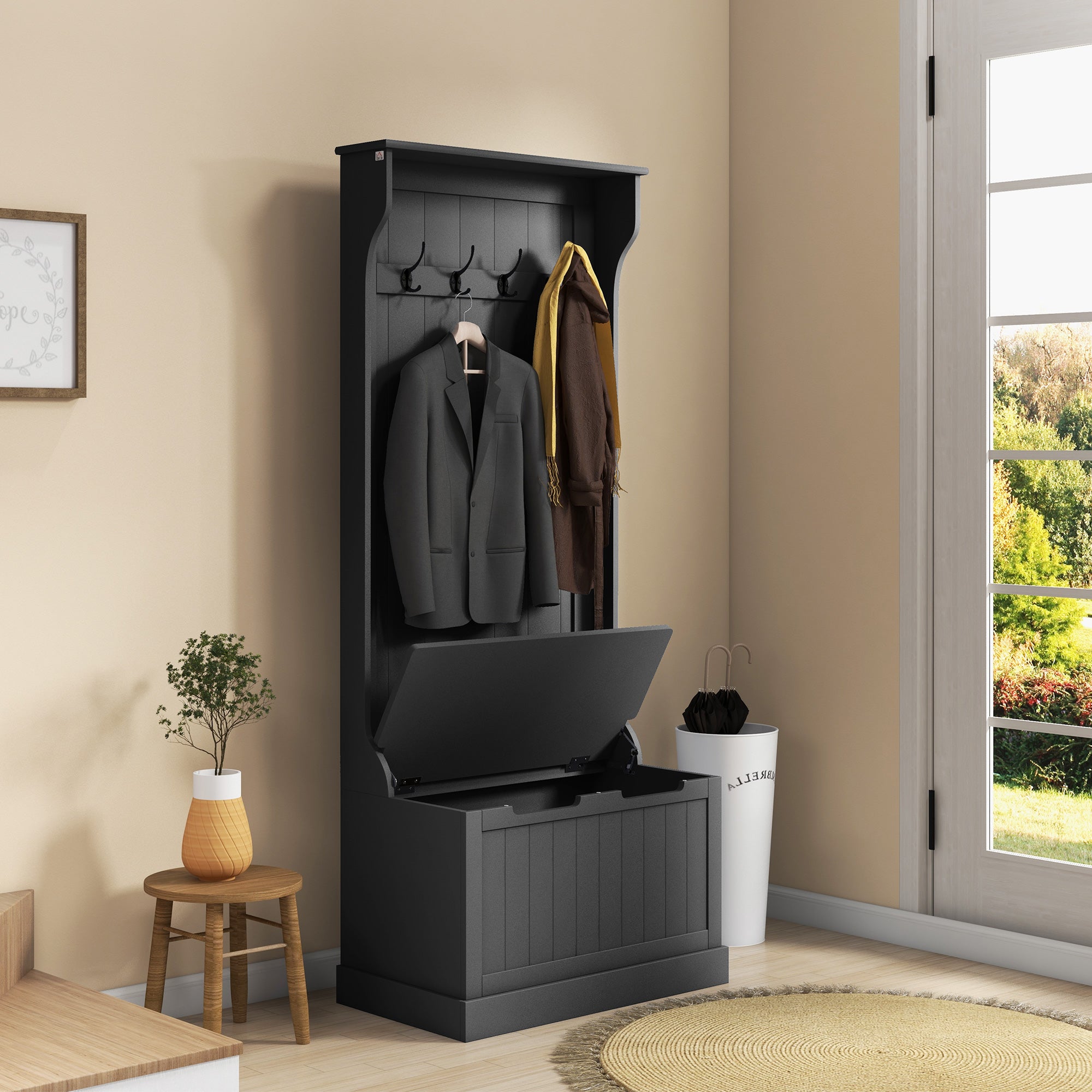 HOMCOM 28" Coat Rack, 3-In-1 Entryway Hall Tree with Shoe Storage Bench, Modern Coat Hanger Stand with 4 Double Hooks, for Hallway, Living Room, Black