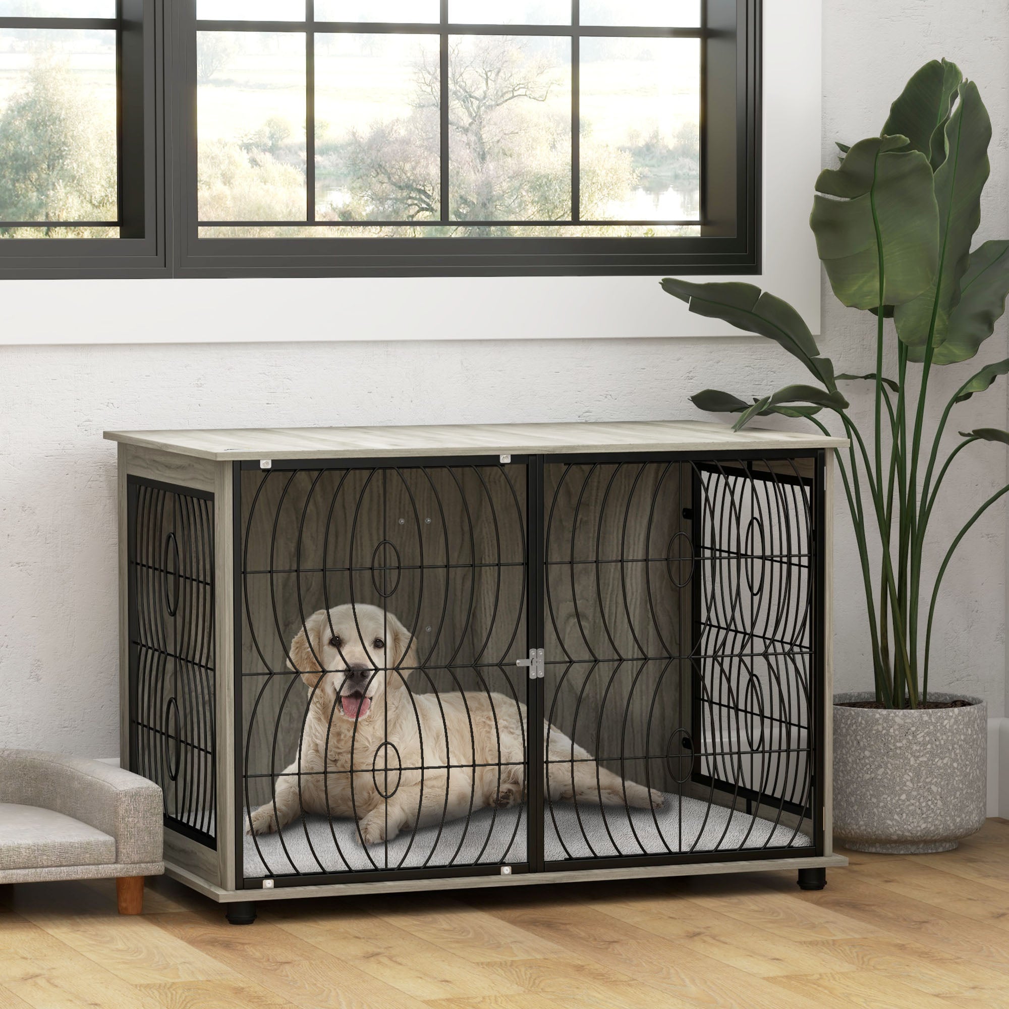 PawHut Dog Crate Furniture, Dog Cage End Table with Large Top, Soft Washable Cushion, Lockable Front Door, Wire Mesh Ventilation, Indoor Pet Crate for Extra Large Sized, 118 x 75 x 82cm - Grey