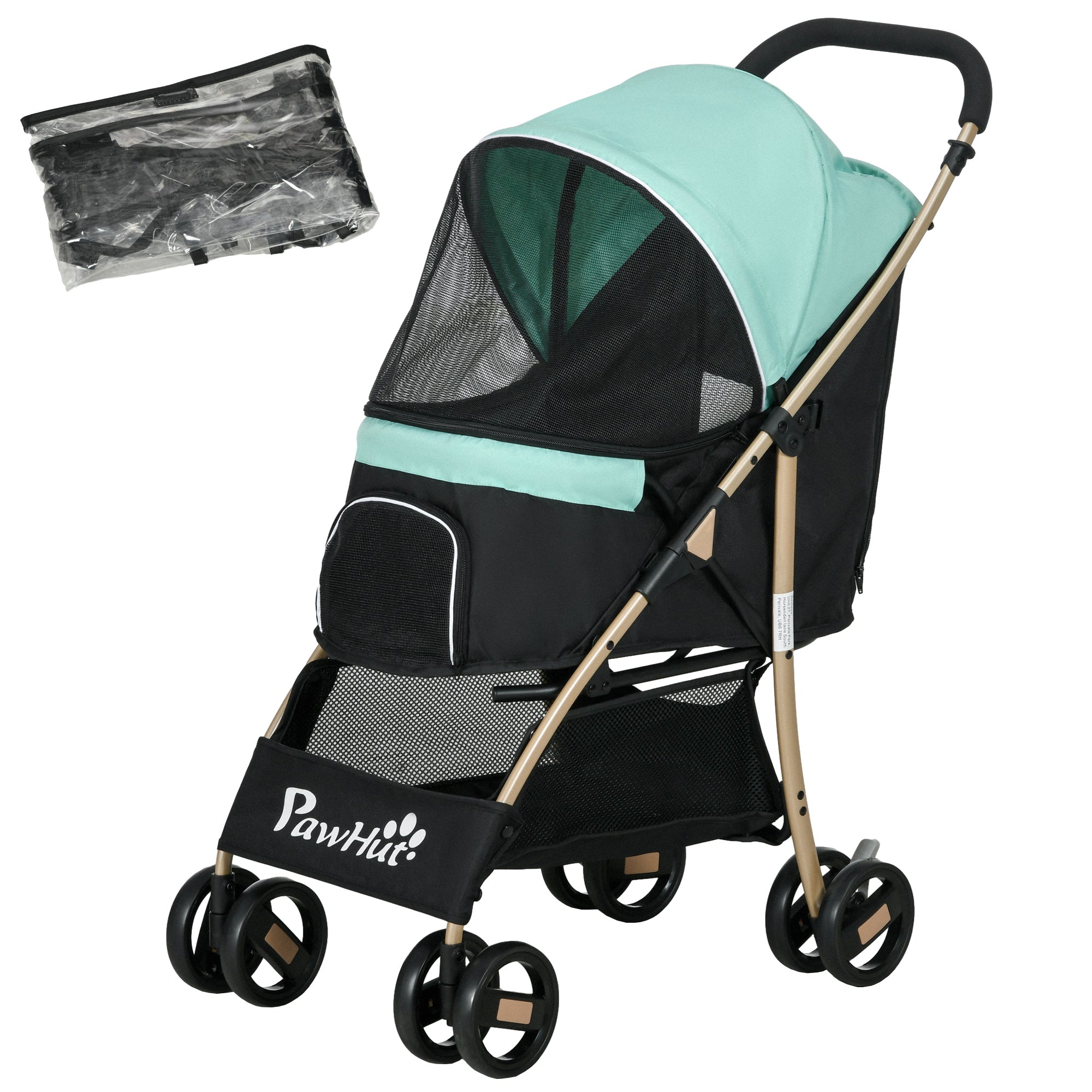 PawHut Dog Stroller with Rain Cover, Foldable Dog Pram, 4 Wheels Pet Pushchair with Safety Leashes, for Small, Miniature Dogs, Cats - Green