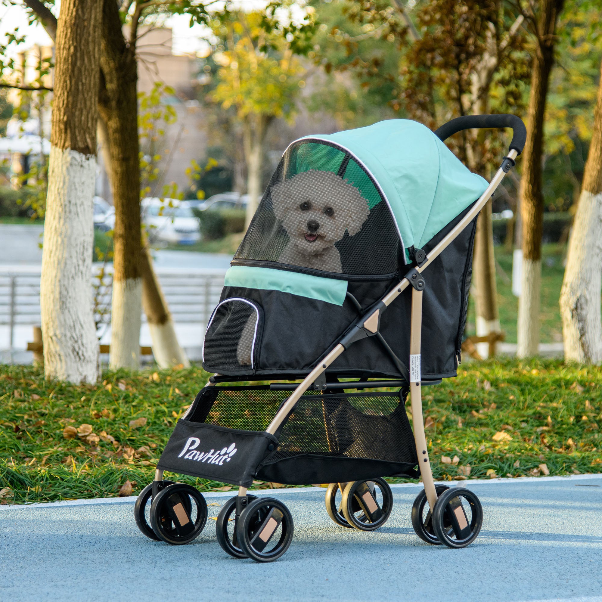PawHut Dog Stroller with Rain Cover, Foldable Dog Pram, 4 Wheels Pet Pushchair with Safety Leashes, for Small, Miniature Dogs, Cats - Green