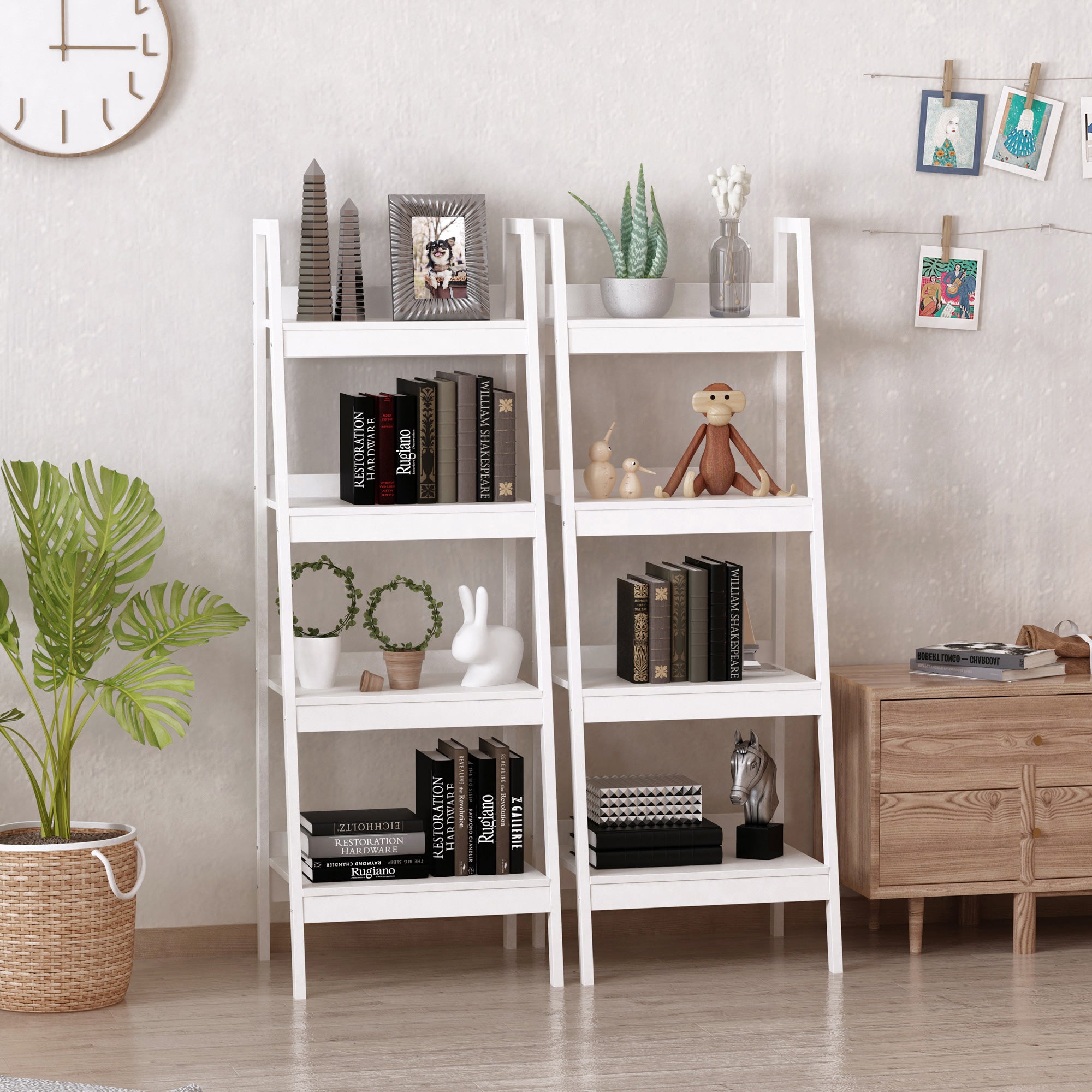 HOMCOM Set of 2, 4 Tier Ladder Shelf Bookcase, Multi-Use Display Rack, Storage Shelving Unit Display Stand, Flower Plant Stand, Home Office Furniture, White