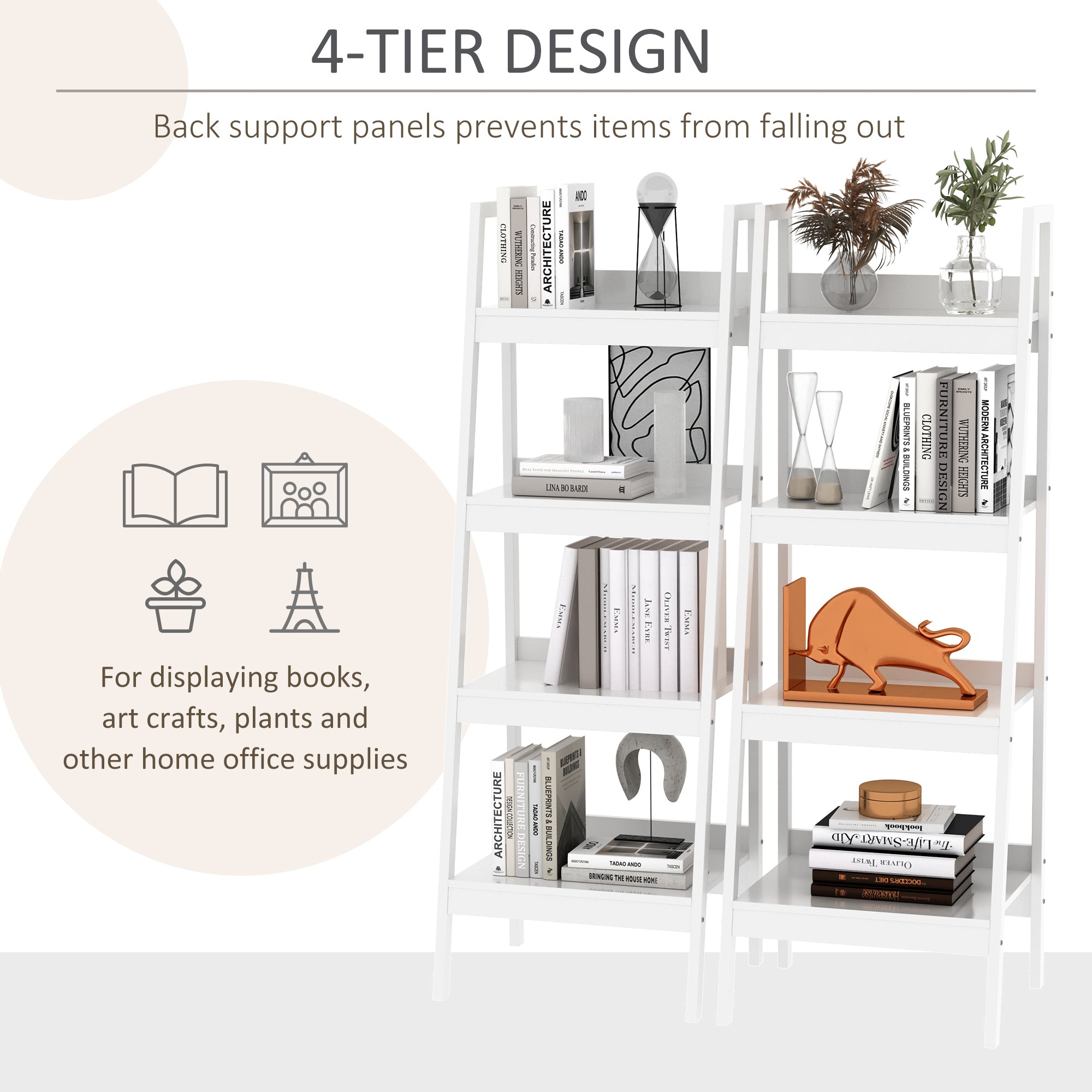 HOMCOM Set of 2, 4 Tier Ladder Shelf Bookcase, Multi-Use Display Rack, Storage Shelving Unit Display Stand, Flower Plant Stand, Home Office Furniture, White