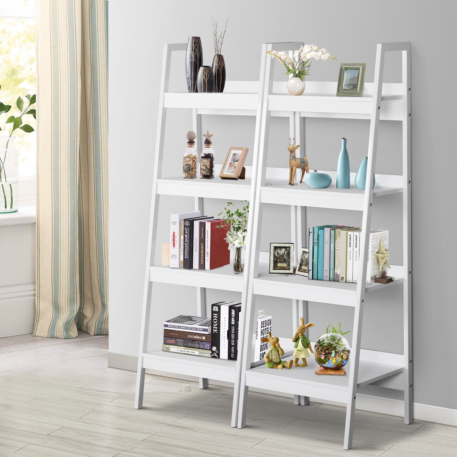 HOMCOM Set of 2, 4 Tier Ladder Shelf Bookcase, Multi-Use Display Rack, Storage Shelving Unit Display Stand, Flower Plant Stand, Home Office Furniture, White