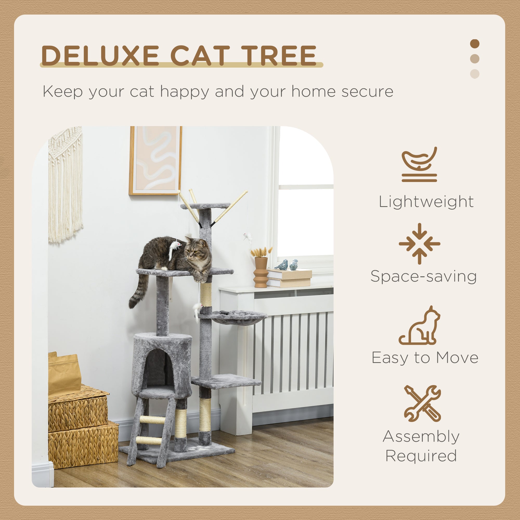 PawHut 53" Cat Tree, Large Cat Tower with Scratching Posts, Condo, Perches, Ladder, Hammock, Dangling Toys, Multi-level Kitten Activity Centre, Grey