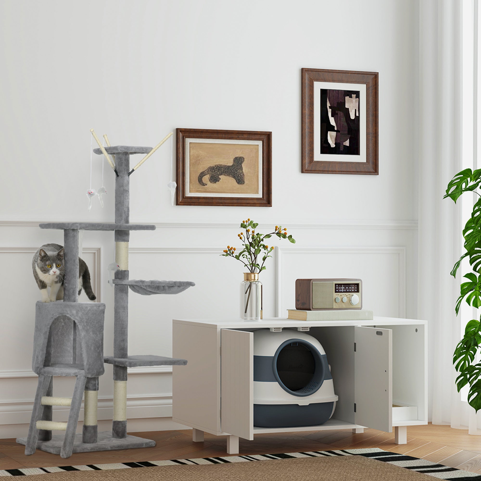 PawHut 53" Cat Tree, Large Cat Tower with Scratching Posts, Condo, Perches, Ladder, Hammock, Dangling Toys, Multi-level Kitten Activity Centre, Grey