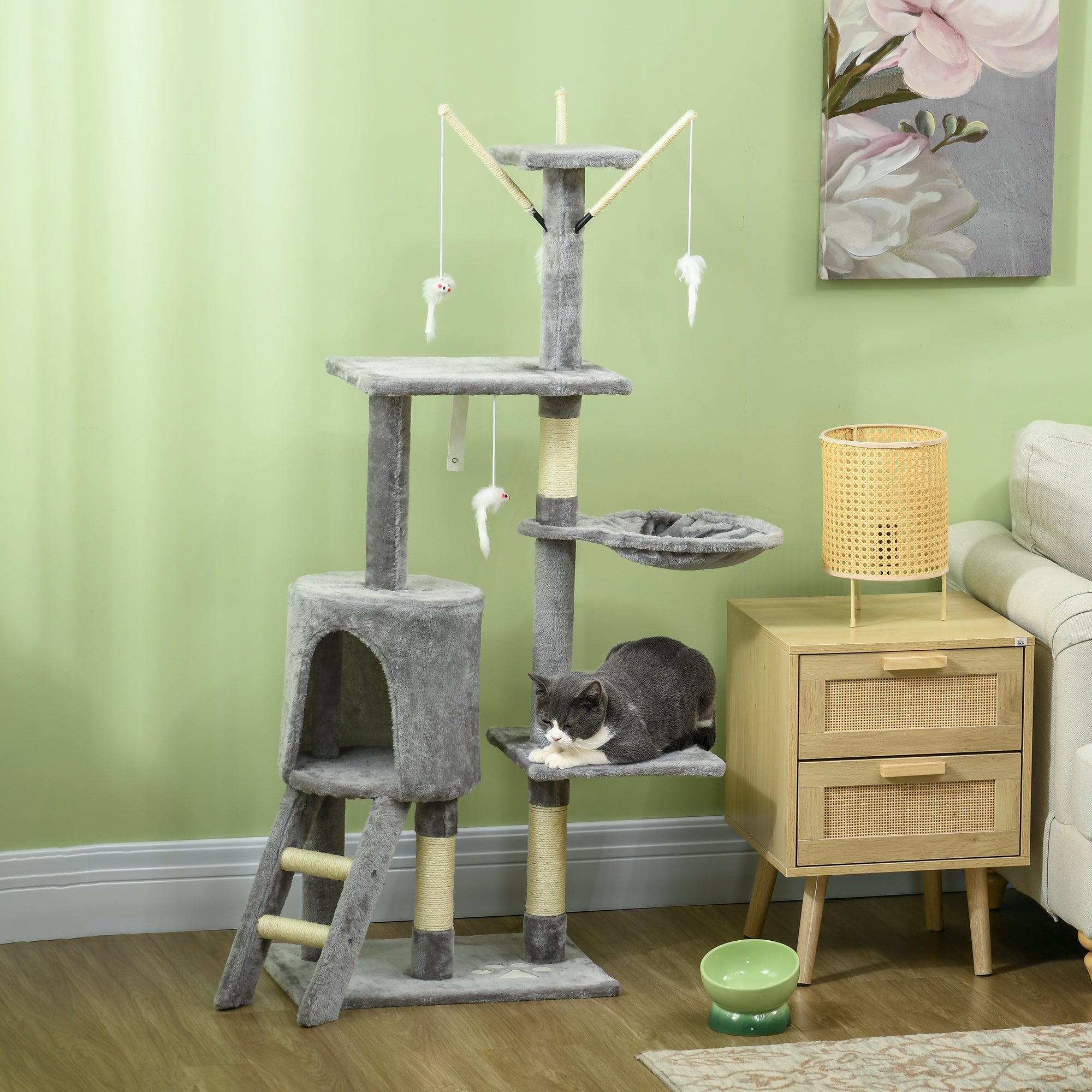 PawHut 53" Cat Tree, Large Cat Tower with Scratching Posts, Condo, Perches, Ladder, Hammock, Dangling Toys, Multi-level Kitten Activity Centre, Grey