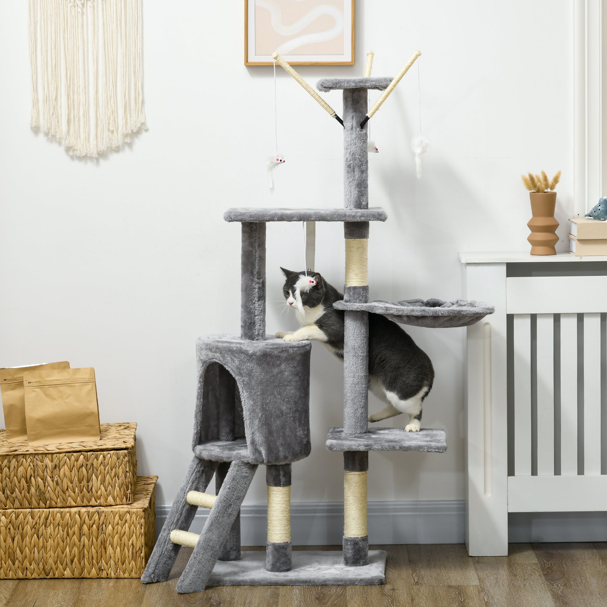 PawHut 53" Cat Tree, Large Cat Tower with Scratching Posts, Condo, Perches, Ladder, Hammock, Dangling Toys, Multi-level Kitten Activity Centre, Grey