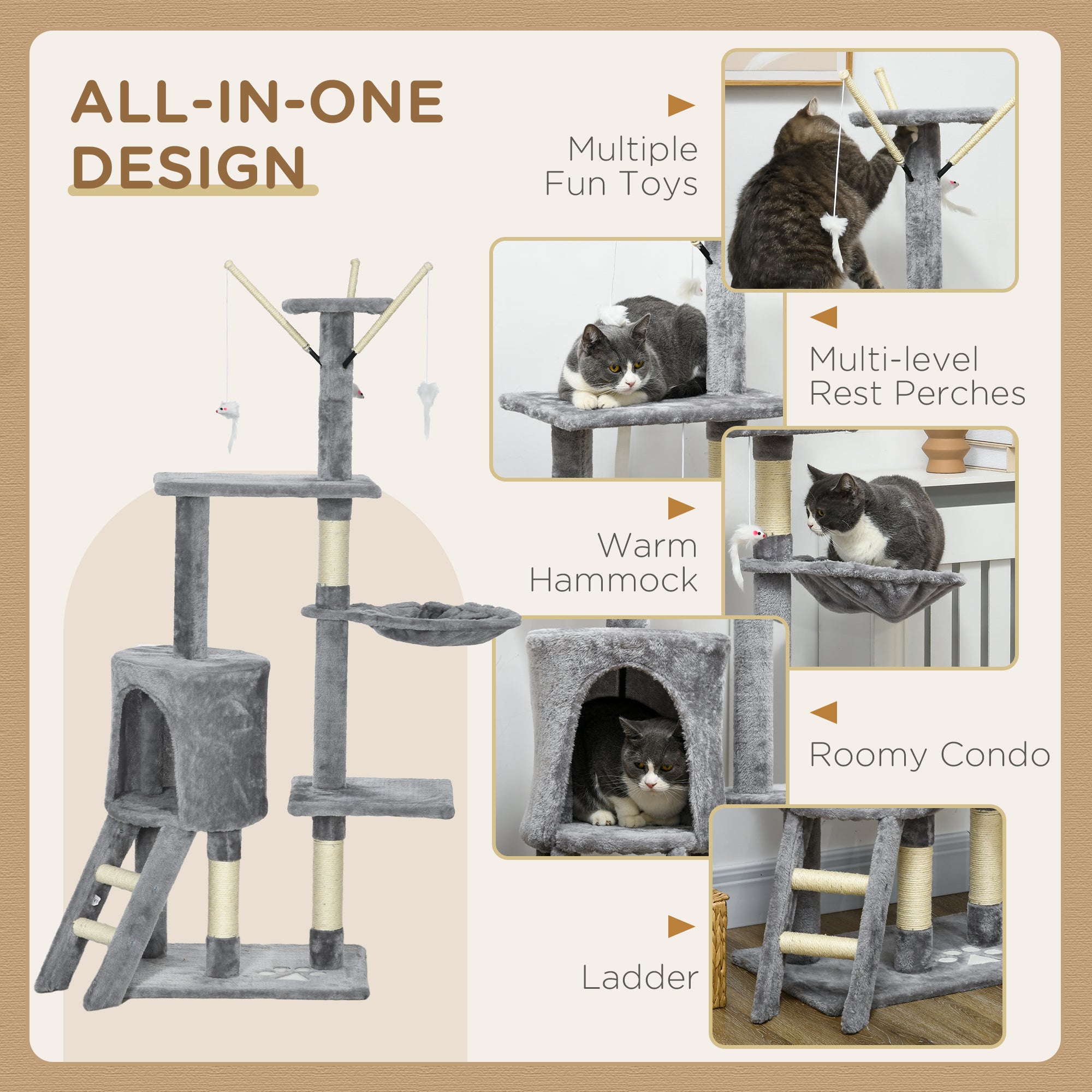 PawHut 53" Cat Tree, Large Cat Tower with Scratching Posts, Condo, Perches, Ladder, Hammock, Dangling Toys, Multi-level Kitten Activity Centre, Grey