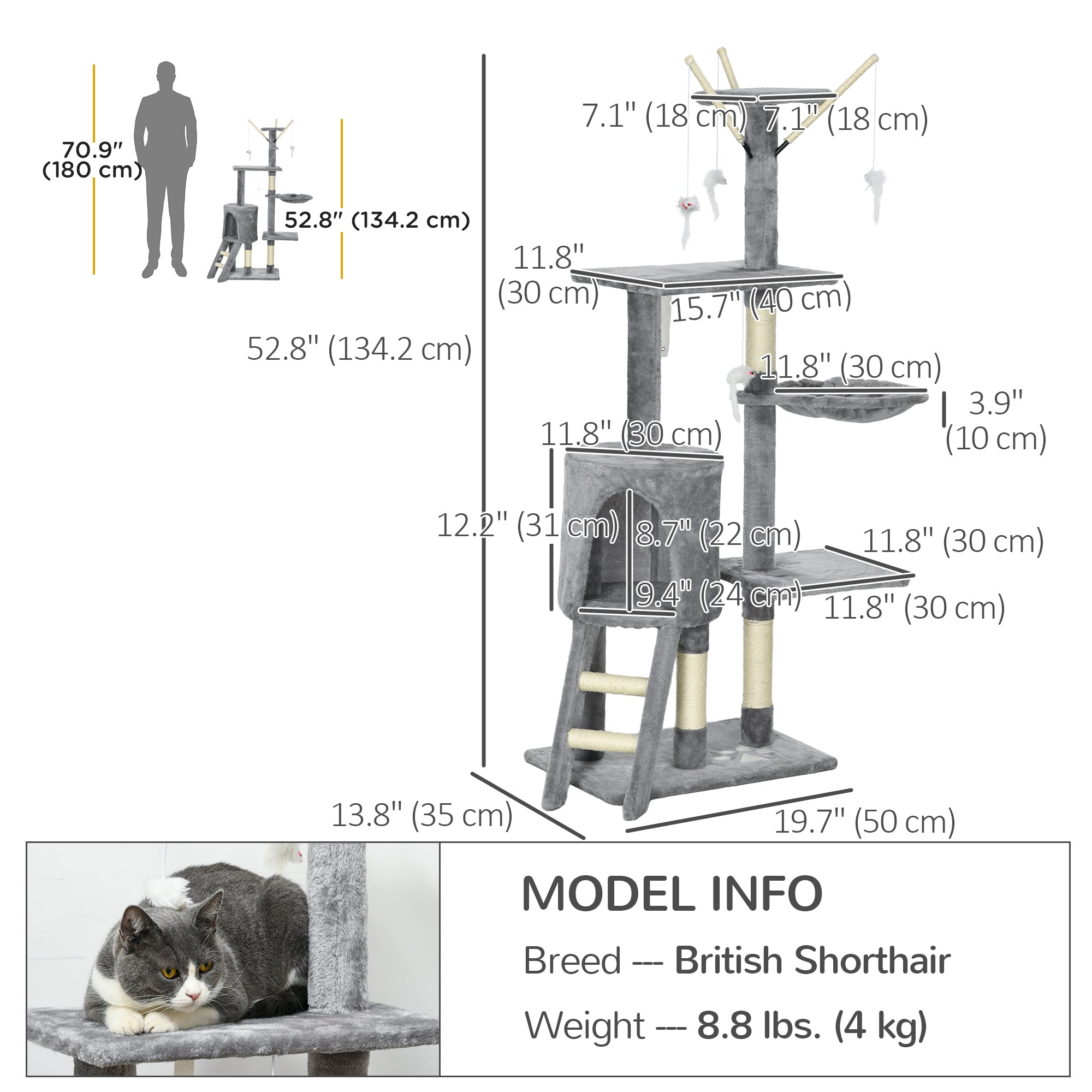 PawHut 53" Cat Tree, Large Cat Tower with Scratching Posts, Condo, Perches, Ladder, Hammock, Dangling Toys, Multi-level Kitten Activity Centre, Grey