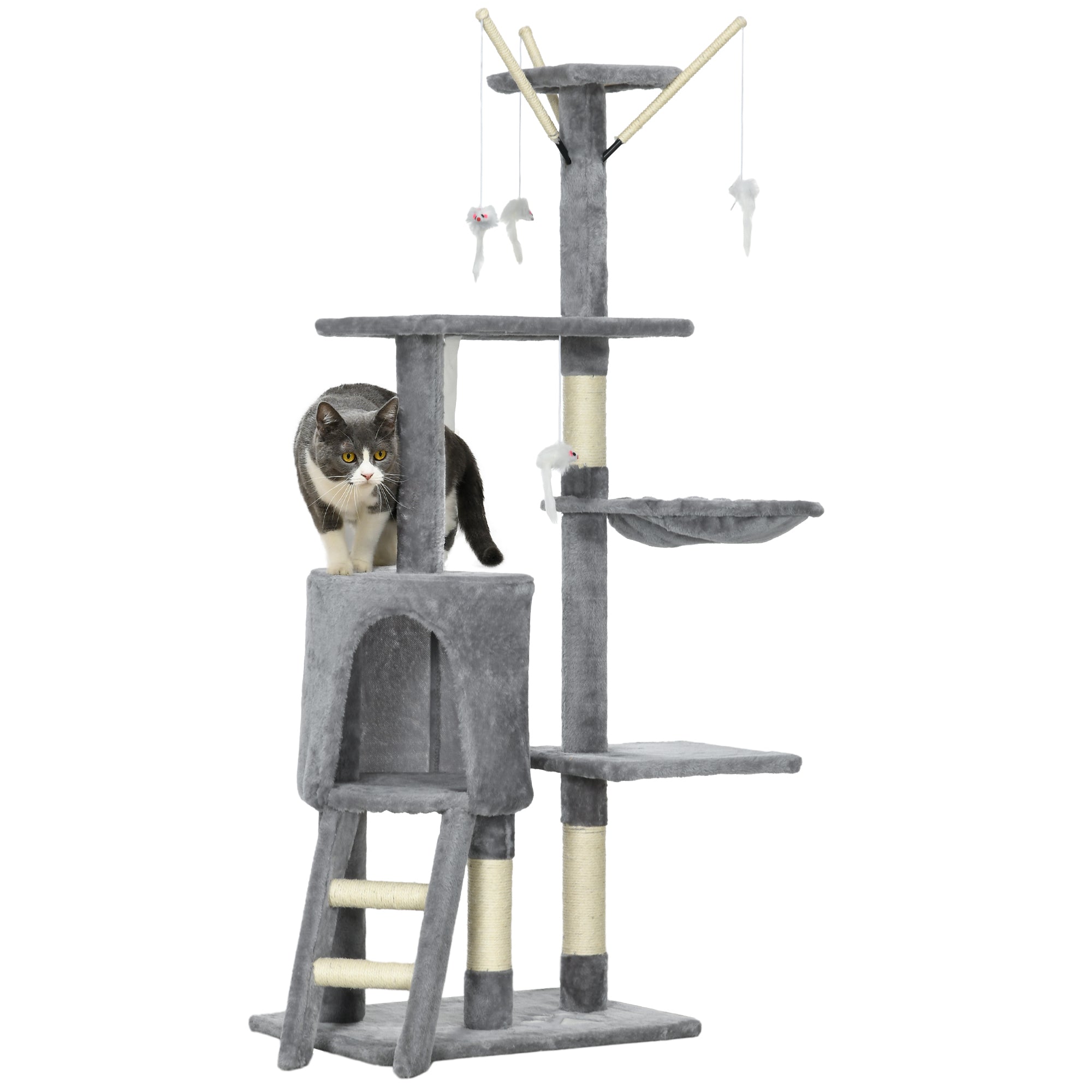 PawHut 53" Cat Tree, Large Cat Tower with Scratching Posts, Condo, Perches, Ladder, Hammock, Dangling Toys, Multi-level Kitten Activity Centre, Grey