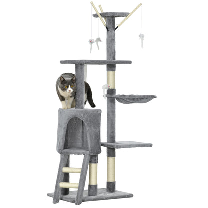 PawHut 53" Cat Tree, Large Cat Tower with Scratching Posts, Condo, Perches, Ladder, Hammock, Dangling Toys, Multi-level Kitten Activity Centre, Grey