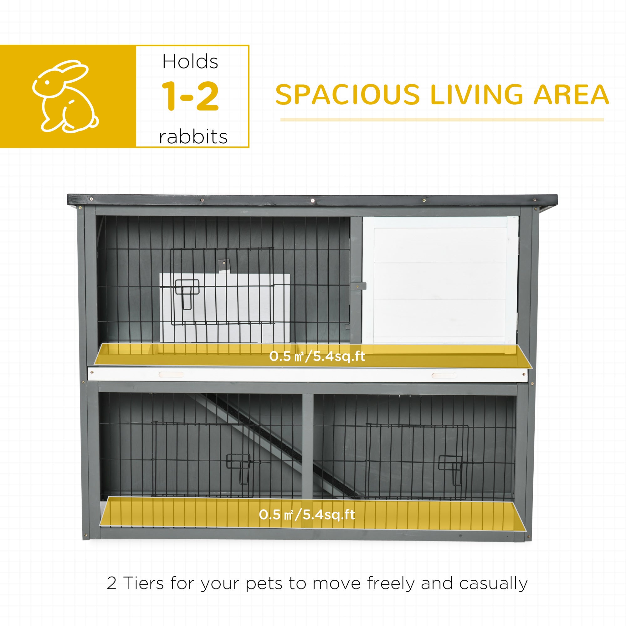 PawHut 48x20x36 Inch Wooden Rabbit Hutch Backyard Bunny Cage Small Animal House w/ Outdoor Run, Grey