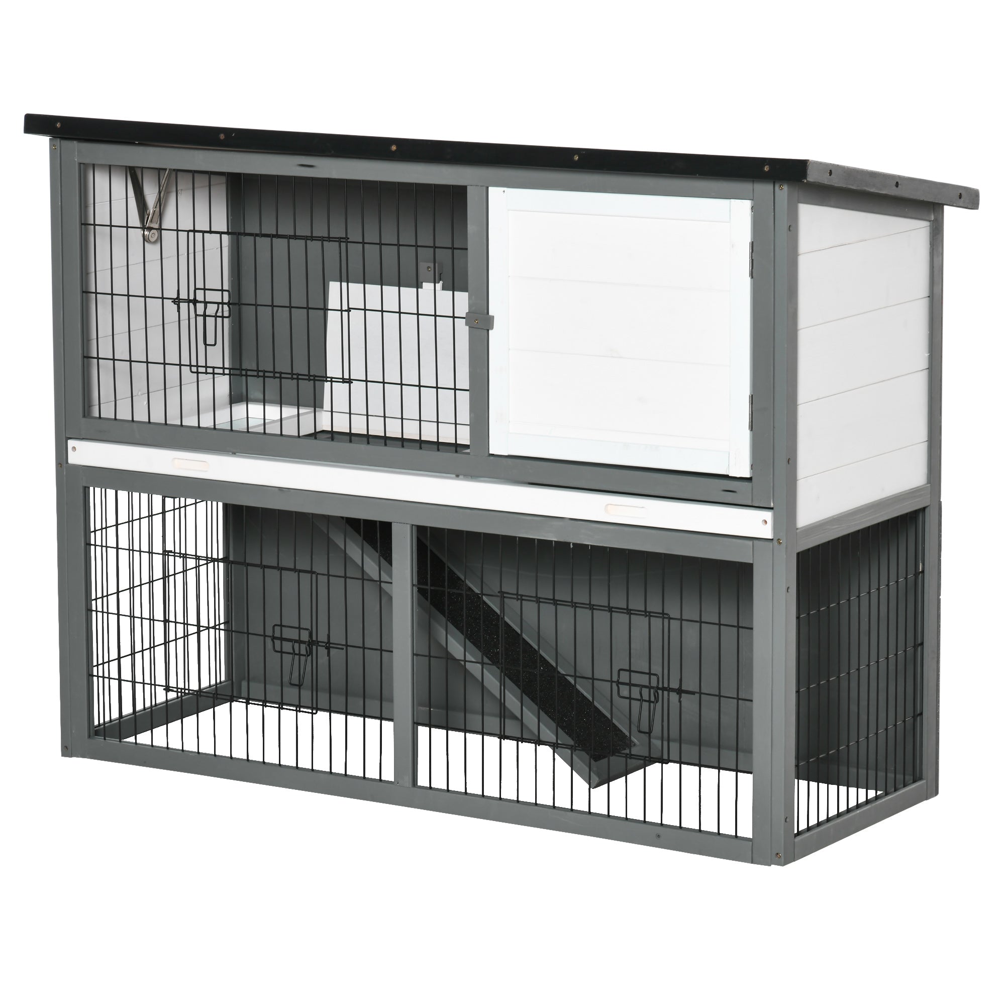 PawHut 48x20x36 Inch Wooden Rabbit Hutch Backyard Bunny Cage Small Animal House w/ Outdoor Run, Grey