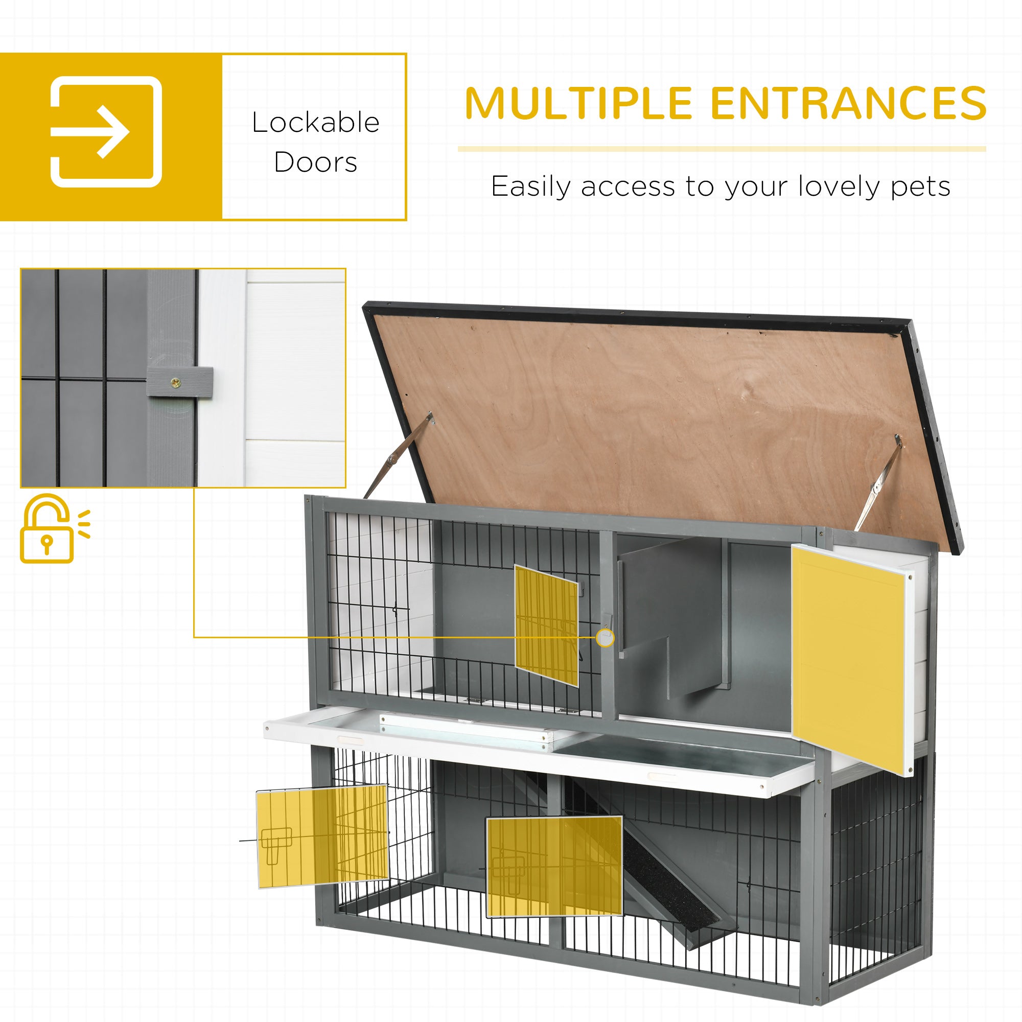 PawHut 48x20x36 Inch Wooden Rabbit Hutch Backyard Bunny Cage Small Animal House w/ Outdoor Run, Grey