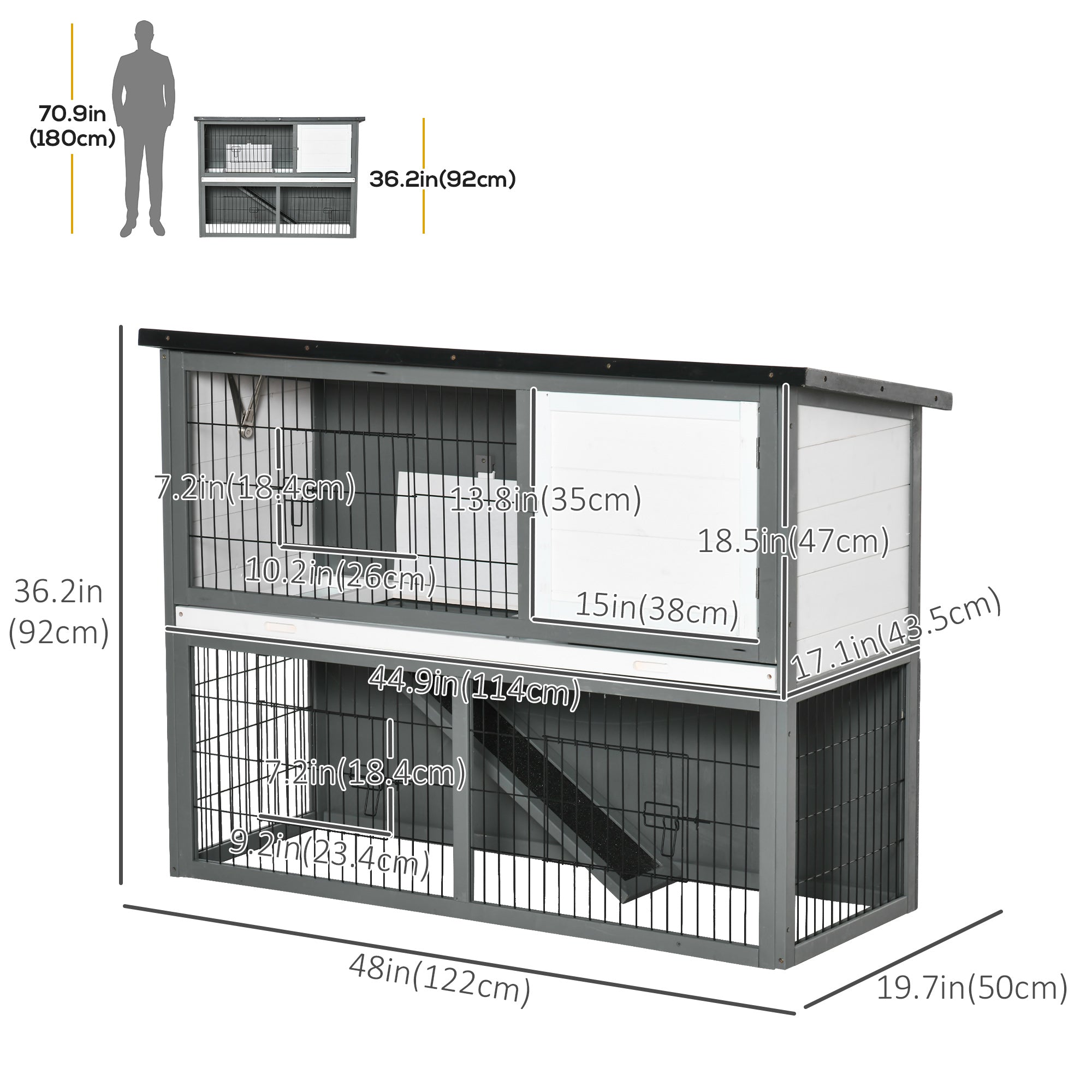 PawHut 48x20x36 Inch Wooden Rabbit Hutch Backyard Bunny Cage Small Animal House w/ Outdoor Run, Grey
