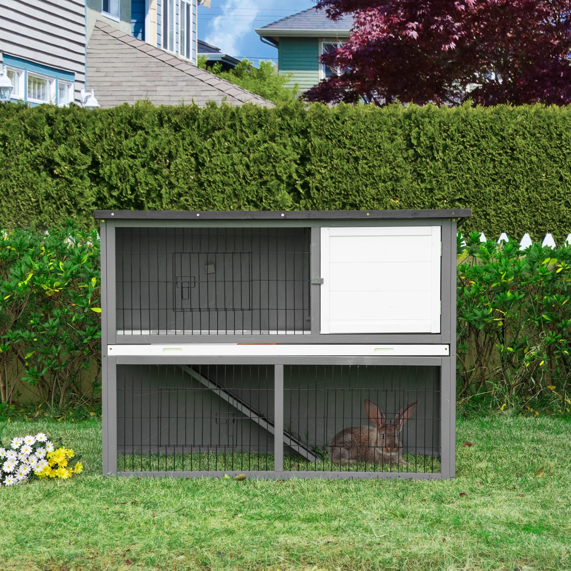 PawHut 48x20x36 Inch Wooden Rabbit Hutch Backyard Bunny Cage Small Animal House w/ Outdoor Run, Grey