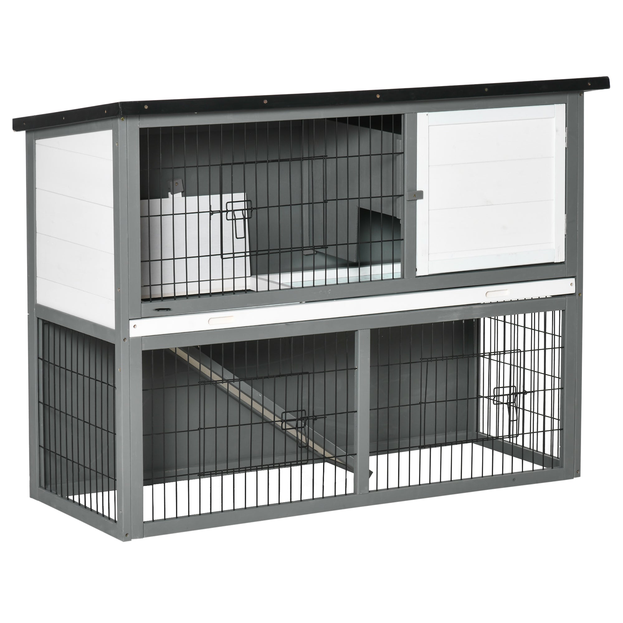 PawHut 48x20x36 Inch Wooden Rabbit Hutch Backyard Bunny Cage Small Animal House w/ Outdoor Run, Grey