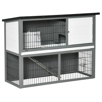 PawHut 48x20x36 Inch Wooden Rabbit Hutch Backyard Bunny Cage Small Animal House w/ Outdoor Run, Grey