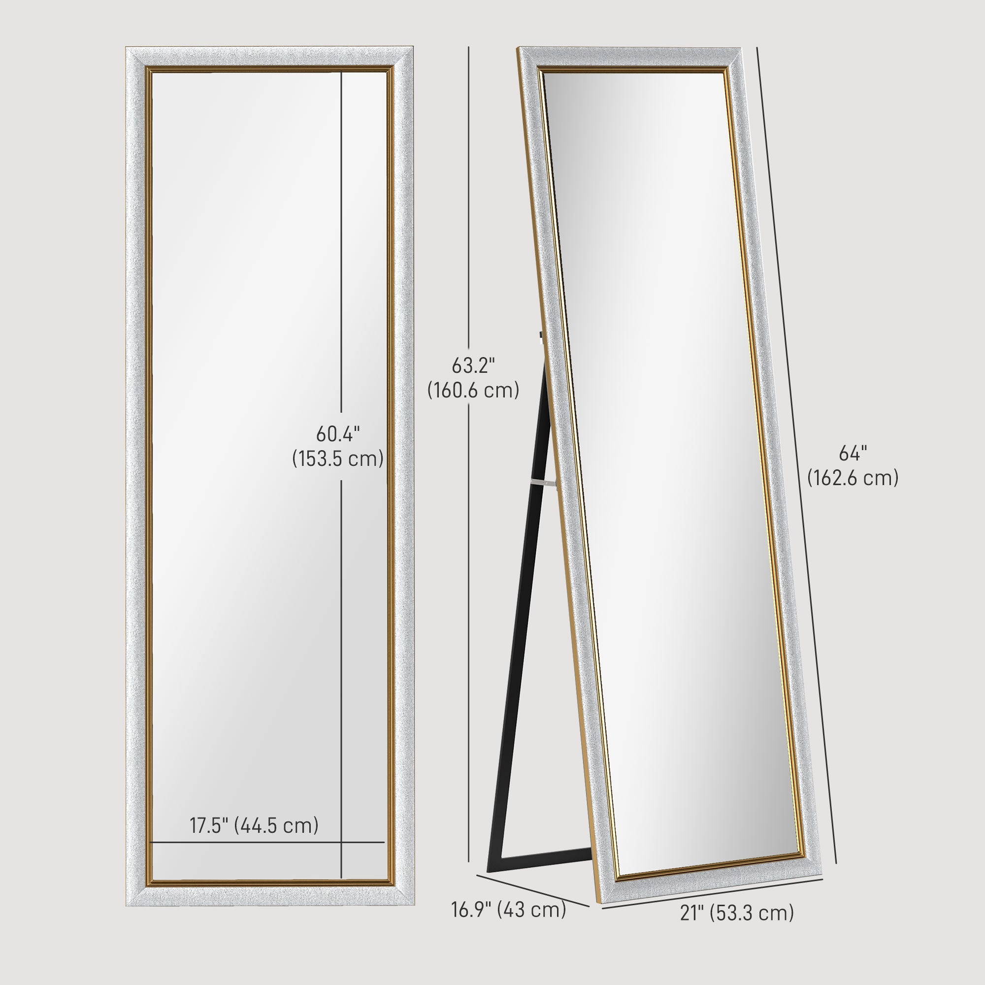 HOMCOM Full Length Mirror, 64" x 21" Full Body Mirror with Gold Frame, Free Standing, Leaning or Wall Mirror for Living Room, Bedroom, Silver