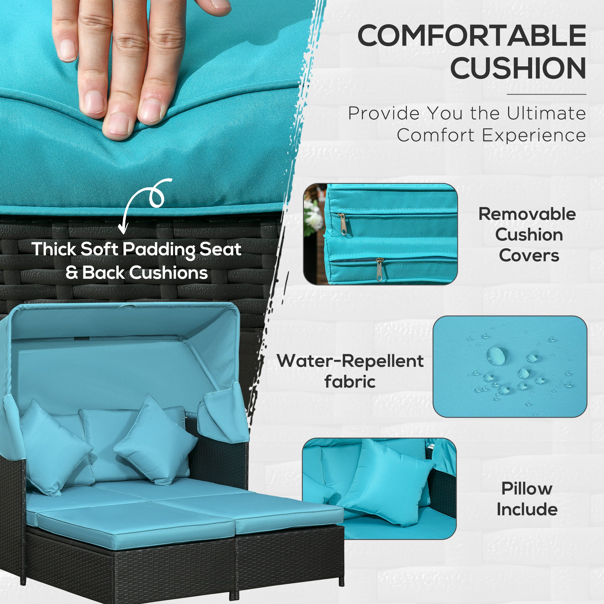 Outsunny Patio Daybed, Outdoor Wicker Double Daybed, PE Rattan Sun Lounger for 2-Person with Cushions, and Foldable Awning, for Garden, Balcony, Poolside, Green