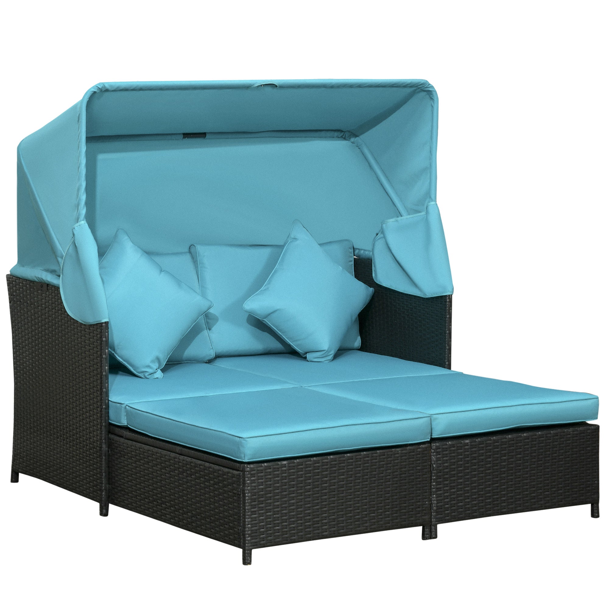 Outsunny Patio Daybed, Outdoor Wicker Double Daybed, PE Rattan Sun Lounger for 2-Person with Cushions, and Foldable Awning, for Garden, Balcony, Poolside, Green