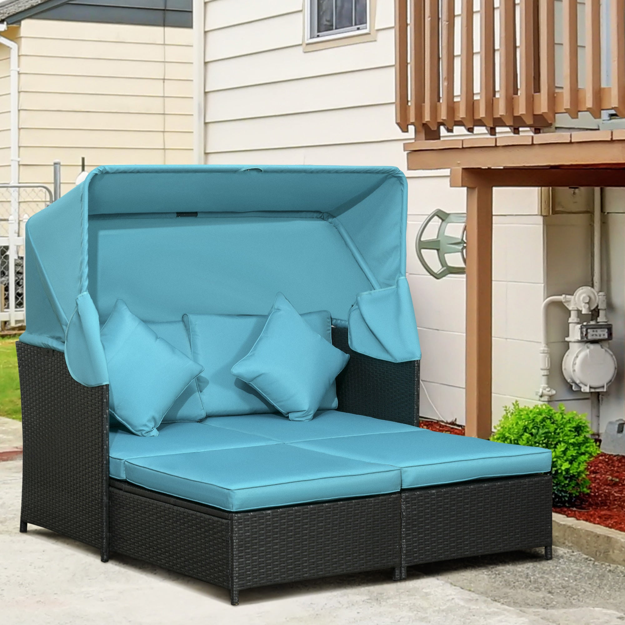 Outsunny Patio Daybed, Outdoor Wicker Double Daybed, PE Rattan Sun Lounger for 2-Person with Cushions, and Foldable Awning, for Garden, Balcony, Poolside, Green