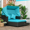 Outsunny Patio Daybed, Outdoor Wicker Double Daybed, PE Rattan Sun Lounger for 2-Person with Cushions, and Foldable Awning, for Garden, Balcony, Poolside, Green