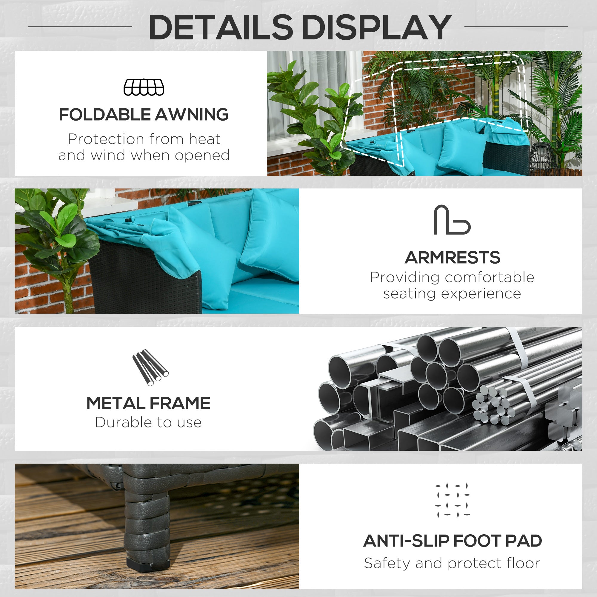 Outsunny Patio Daybed, Outdoor Wicker Double Daybed, PE Rattan Sun Lounger for 2-Person with Cushions, and Foldable Awning, for Garden, Balcony, Poolside, Green