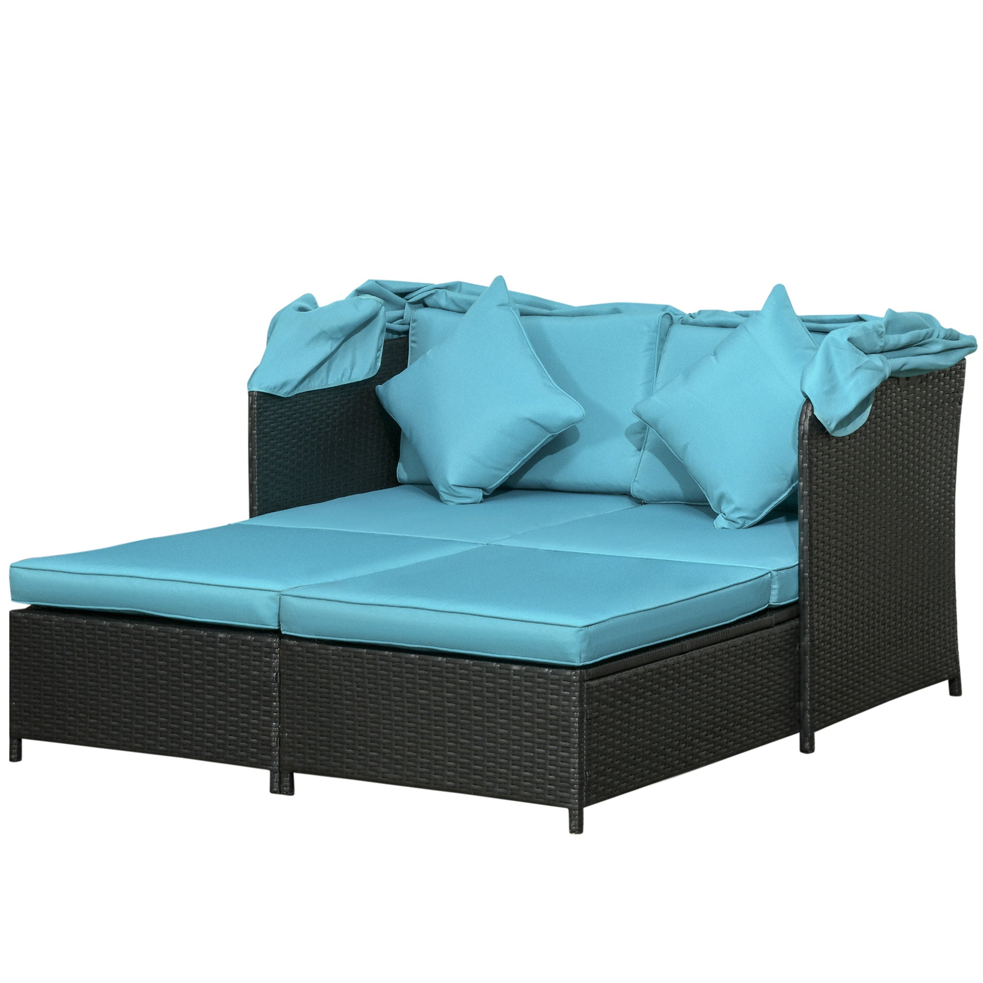Outsunny Patio Daybed, Outdoor Wicker Double Daybed, PE Rattan Sun Lounger for 2-Person with Cushions, and Foldable Awning, for Garden, Balcony, Poolside, Green
