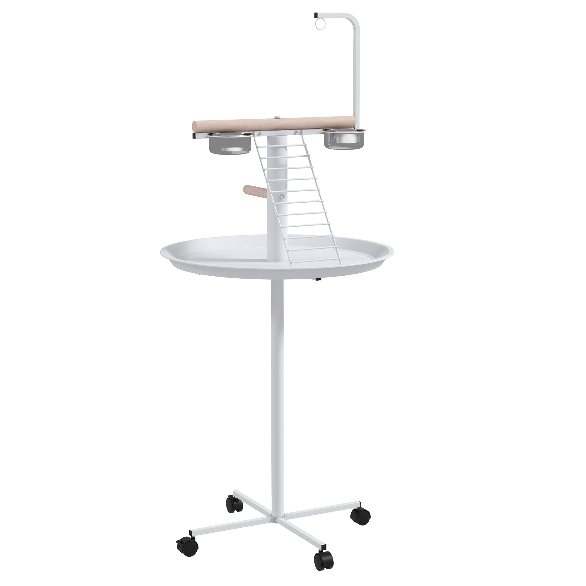PawHut Bird Table, Bird Feeding Station with Wheels, Perches, Stainless Steel Feed Bowls, Round Tray for Indoor - White