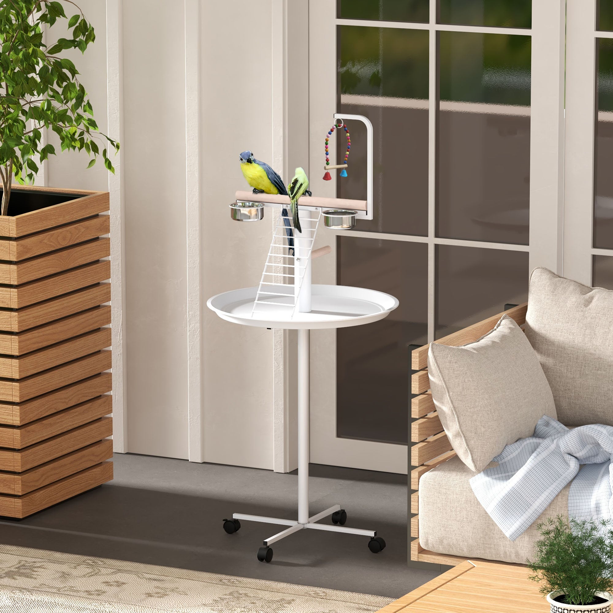PawHut Bird Table, Bird Feeding Station with Wheels, Perches, Stainless Steel Feed Bowls, Round Tray for Indoor - White