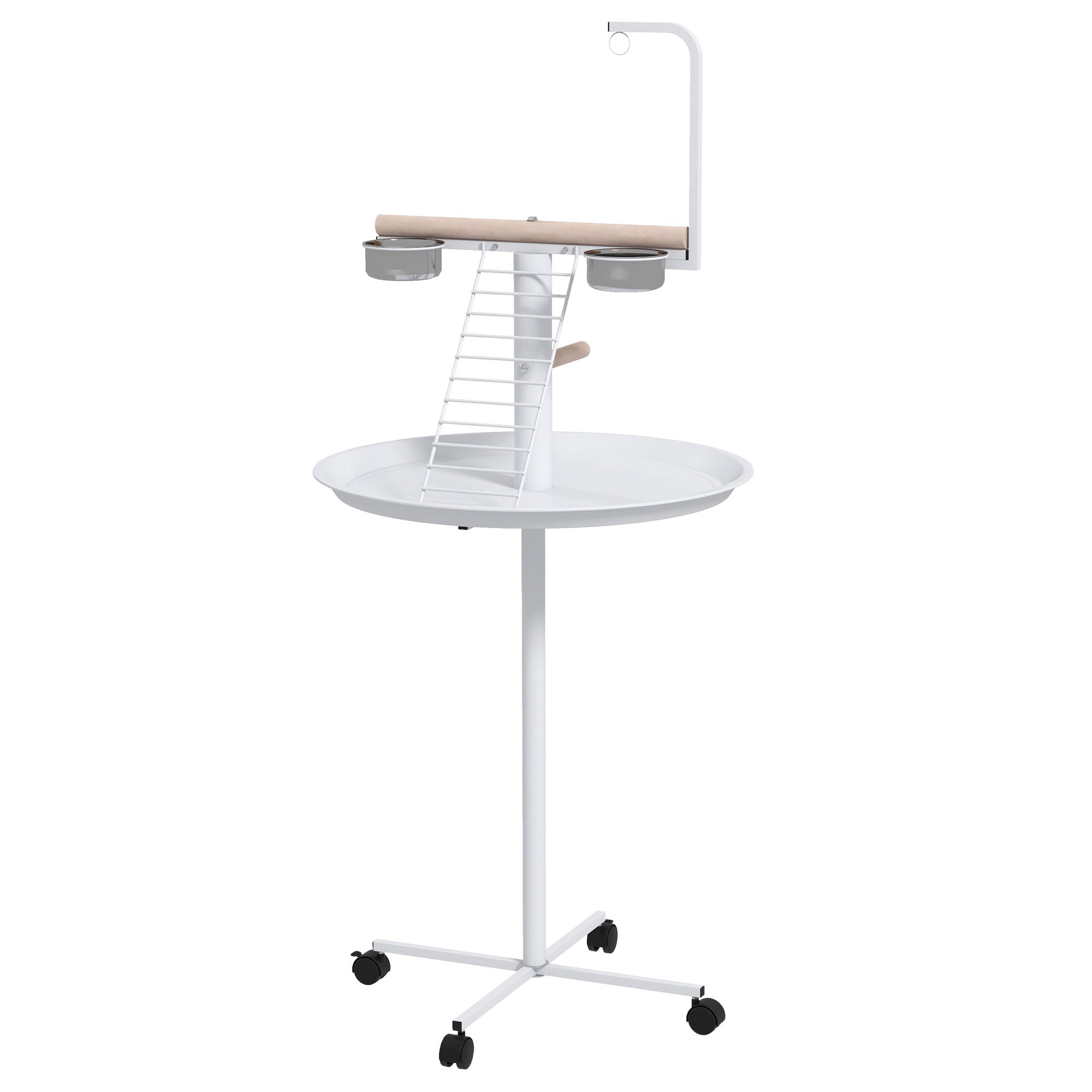 PawHut Bird Table, Bird Feeding Station with Wheels, Perches, Stainless Steel Feed Bowls, Round Tray for Indoor - White