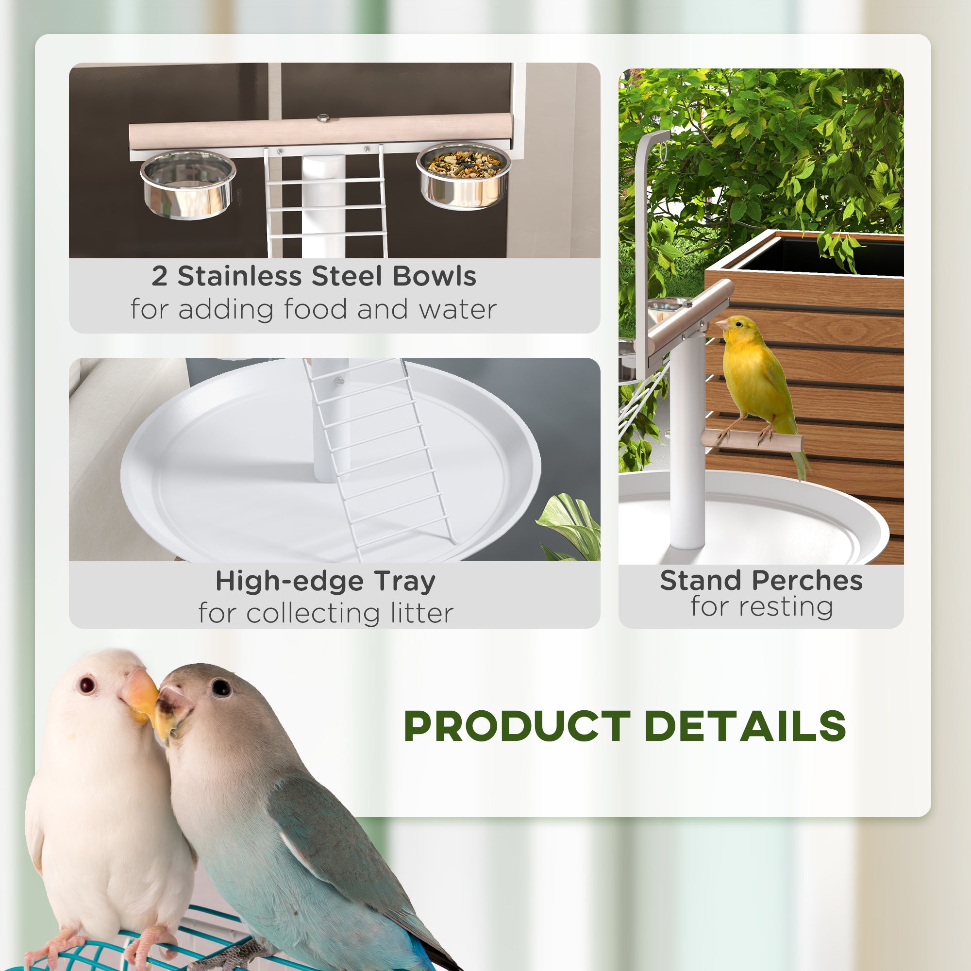 PawHut Bird Table, Bird Feeding Station with Wheels, Perches, Stainless Steel Feed Bowls, Round Tray for Indoor - White