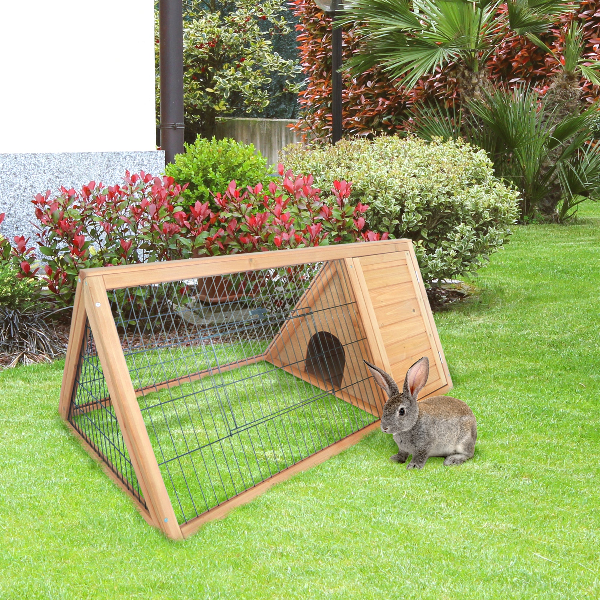 PawHut Wooden Rabbit Hutch Triangle Bunny Ferret Cage Guinea Pig Run Small Animal Hutch Yellow 116 x 62.2 x 52.5 cm
