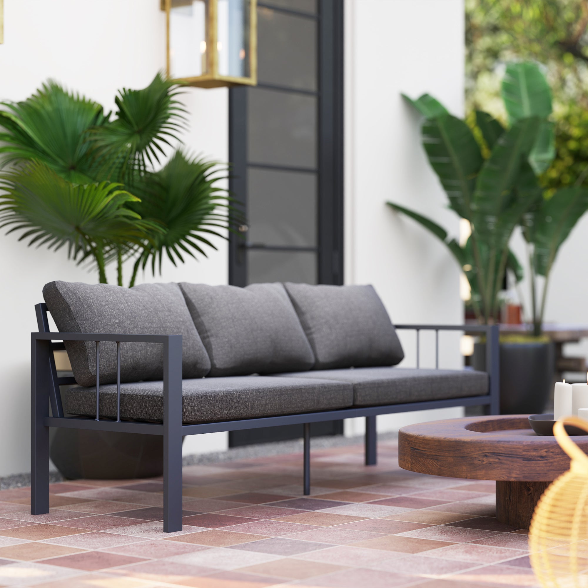 Outsunny Aluminum Outdoor Sofa, 3-Seater Patio Couch, Patio Furniture Outdoor Couch with Cushions, Wide Seat, Armrests for Garden, Backyard, Balcony, Dark Grey