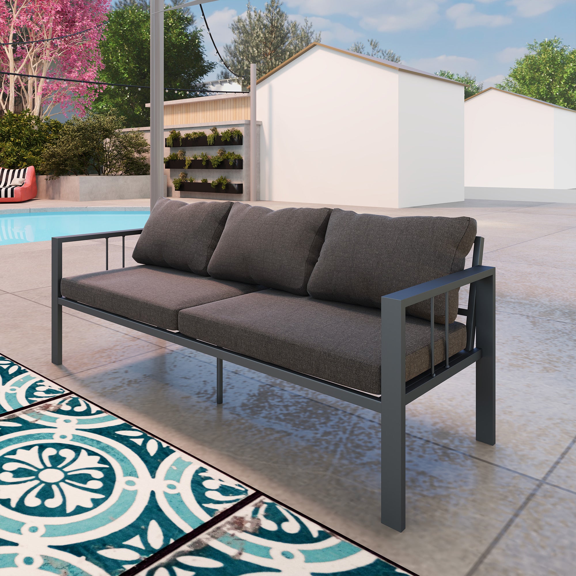 Outsunny Aluminum Outdoor Sofa, 3-Seater Patio Couch, Patio Furniture Outdoor Couch with Cushions, Wide Seat, Armrests for Garden, Backyard, Balcony, Dark Grey