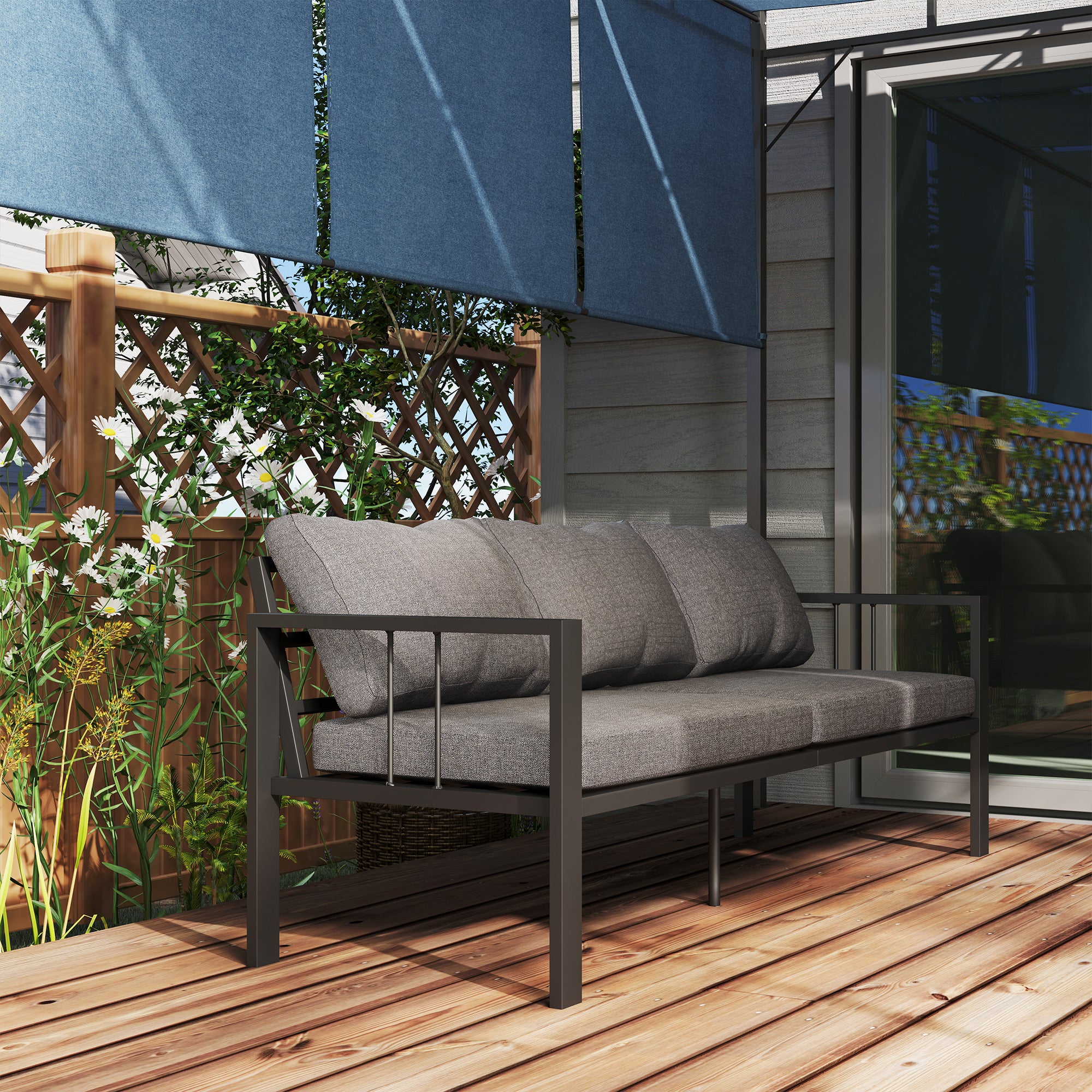 Outsunny Aluminum Outdoor Sofa, 3-Seater Patio Couch, Patio Furniture Outdoor Couch with Cushions, Wide Seat, Armrests for Garden, Backyard, Balcony, Dark Grey