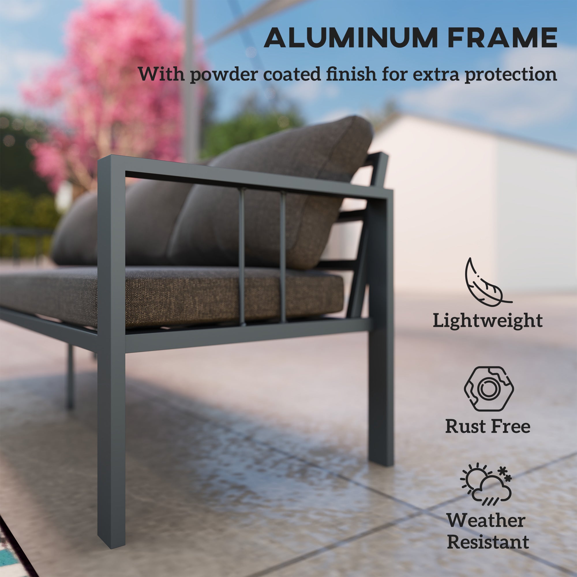 Outsunny Aluminum Outdoor Sofa, 3-Seater Patio Couch, Patio Furniture Outdoor Couch with Cushions, Wide Seat, Armrests for Garden, Backyard, Balcony, Dark Grey