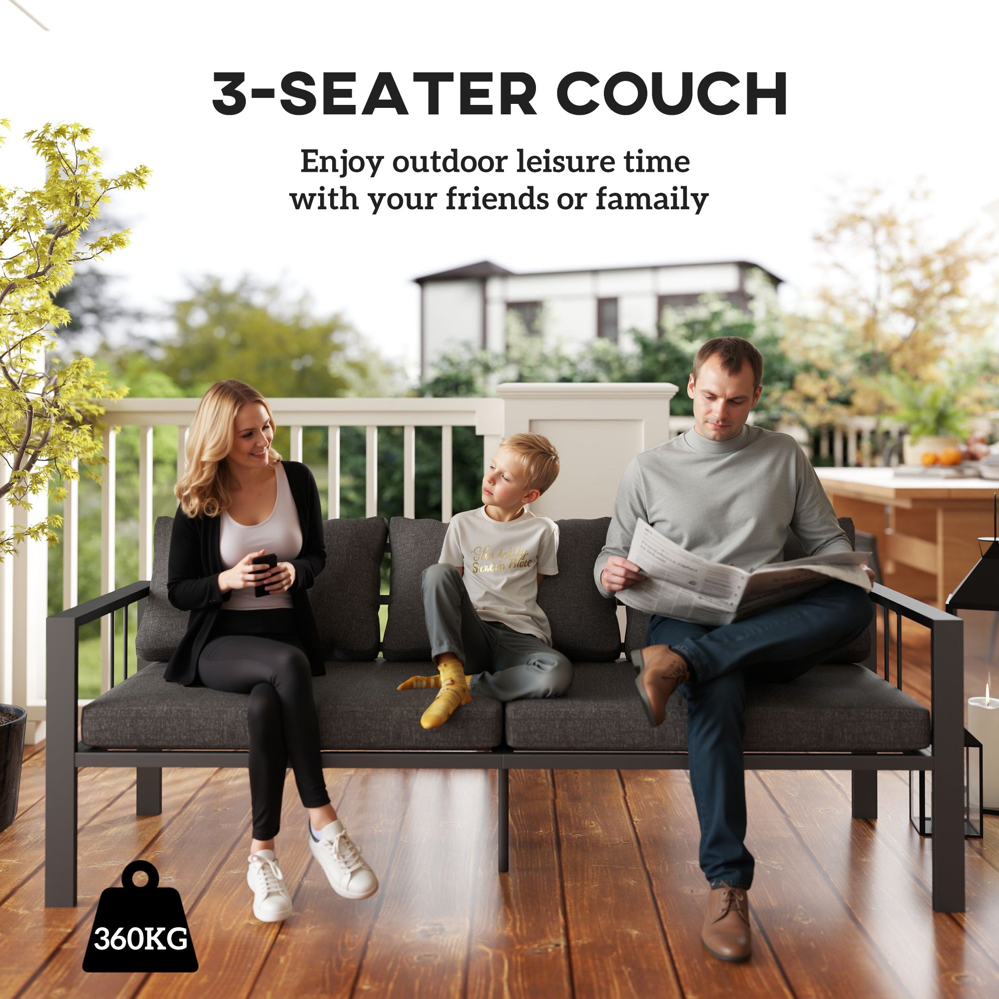 Outsunny Aluminum Outdoor Sofa, 3-Seater Patio Couch, Patio Furniture Outdoor Couch with Cushions, Wide Seat, Armrests for Garden, Backyard, Balcony, Dark Grey
