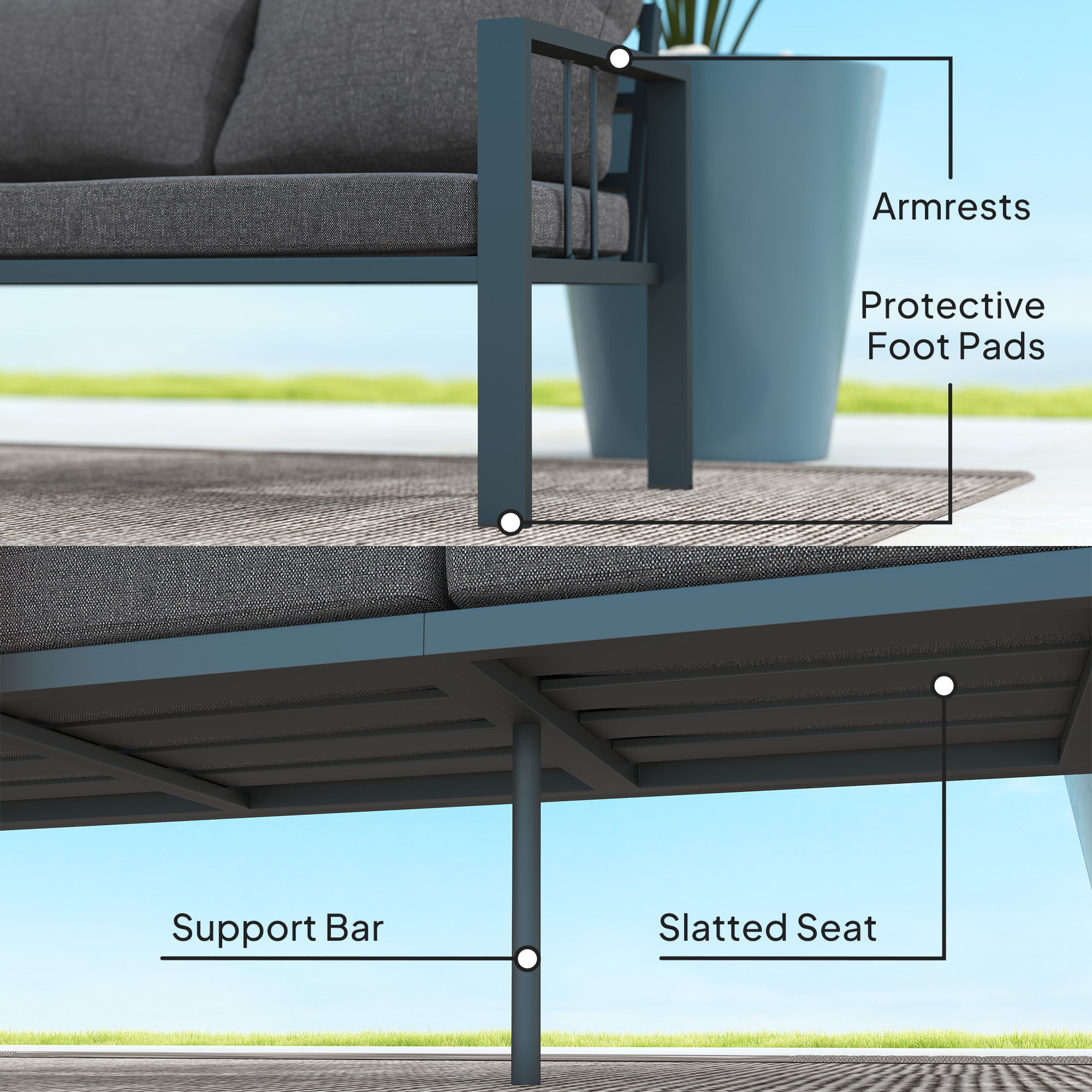 Outsunny Aluminum Outdoor Sofa, 3-Seater Patio Couch, Patio Furniture Outdoor Couch with Cushions, Wide Seat, Armrests for Garden, Backyard, Balcony, Dark Grey