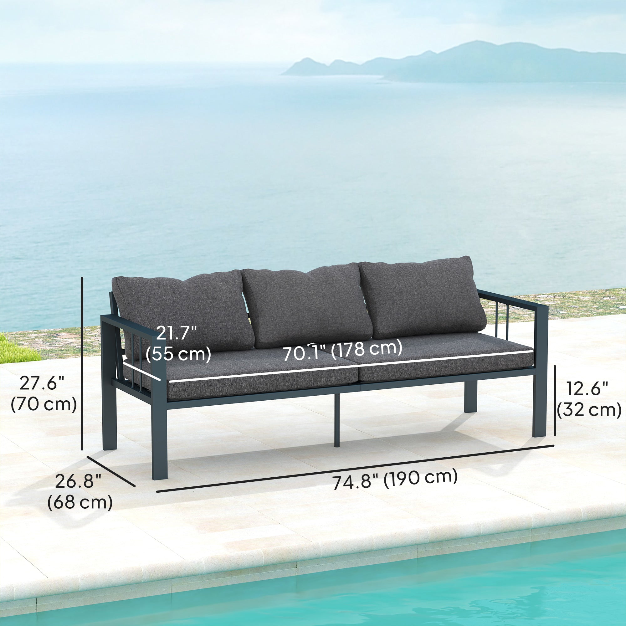 Outsunny Aluminum Outdoor Sofa, 3-Seater Patio Couch, Patio Furniture Outdoor Couch with Cushions, Wide Seat, Armrests for Garden, Backyard, Balcony, Dark Grey