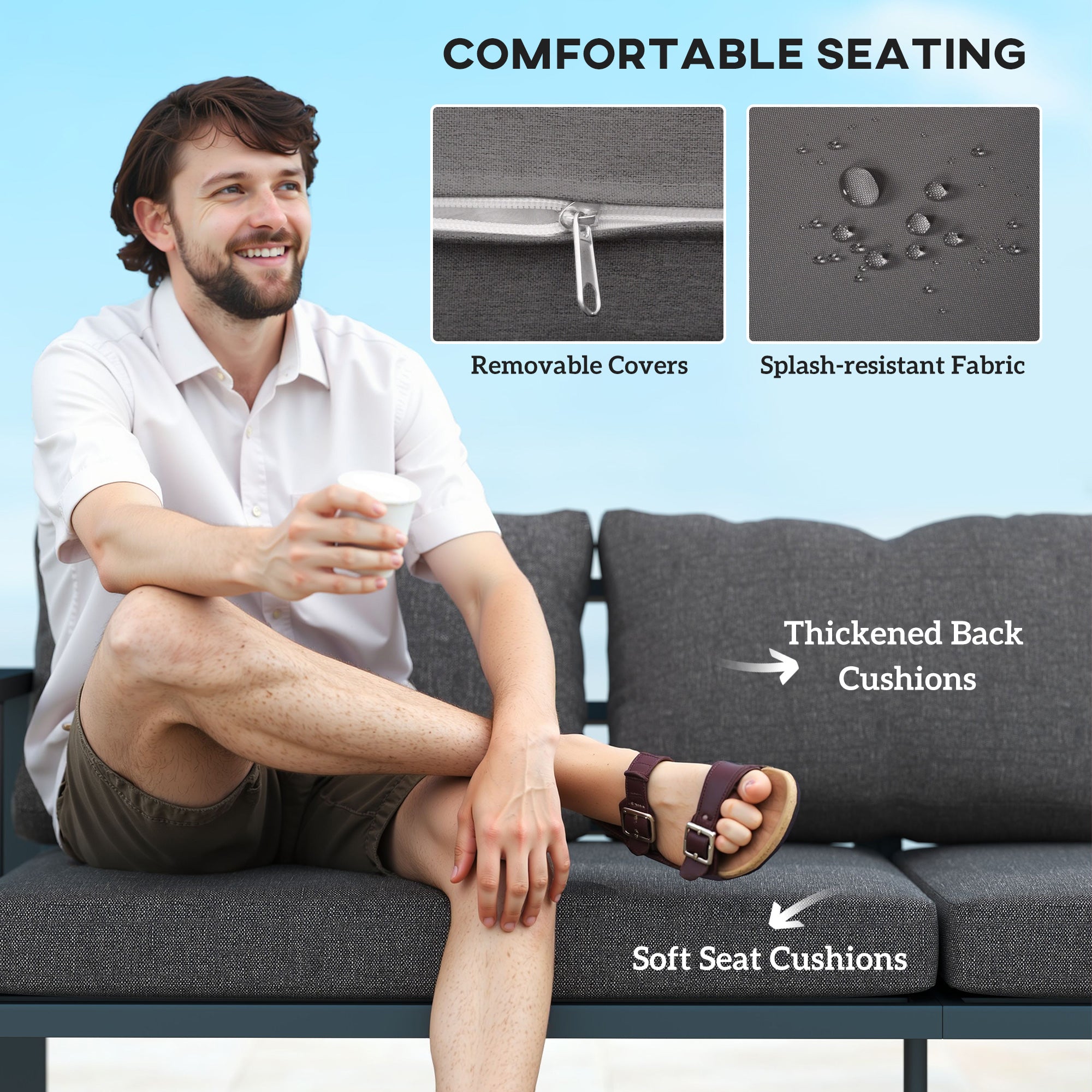 Outsunny Aluminum Outdoor Sofa, 3-Seater Patio Couch, Patio Furniture Outdoor Couch with Cushions, Wide Seat, Armrests for Garden, Backyard, Balcony, Dark Grey