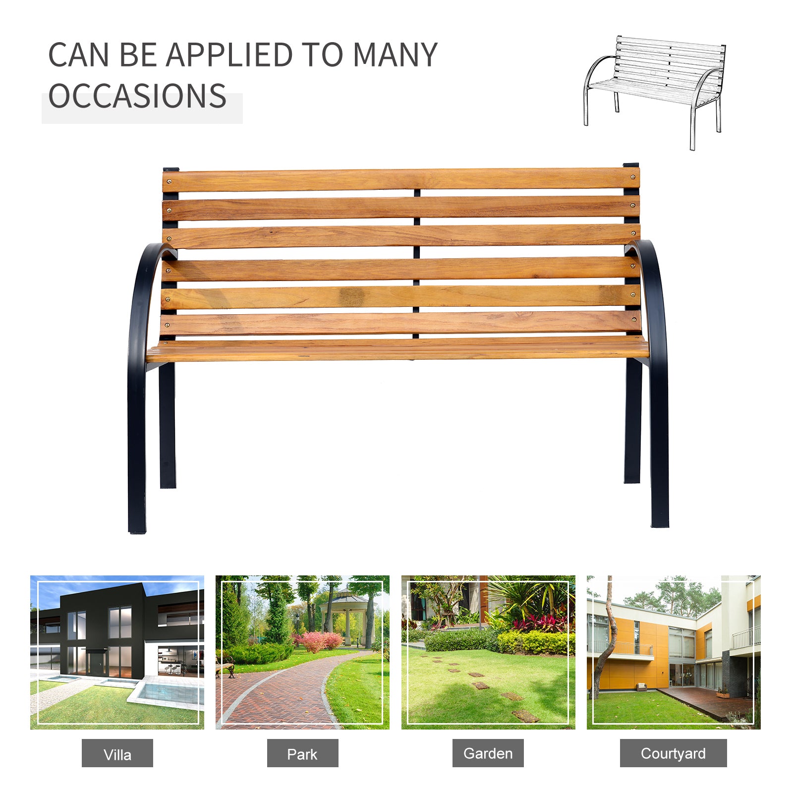 Outsunny 48"L Garden Bench Outdoor Patio 2-Person Wooden Seat Chair Park Loveseat  Yard Furniture w/ Steel Frame