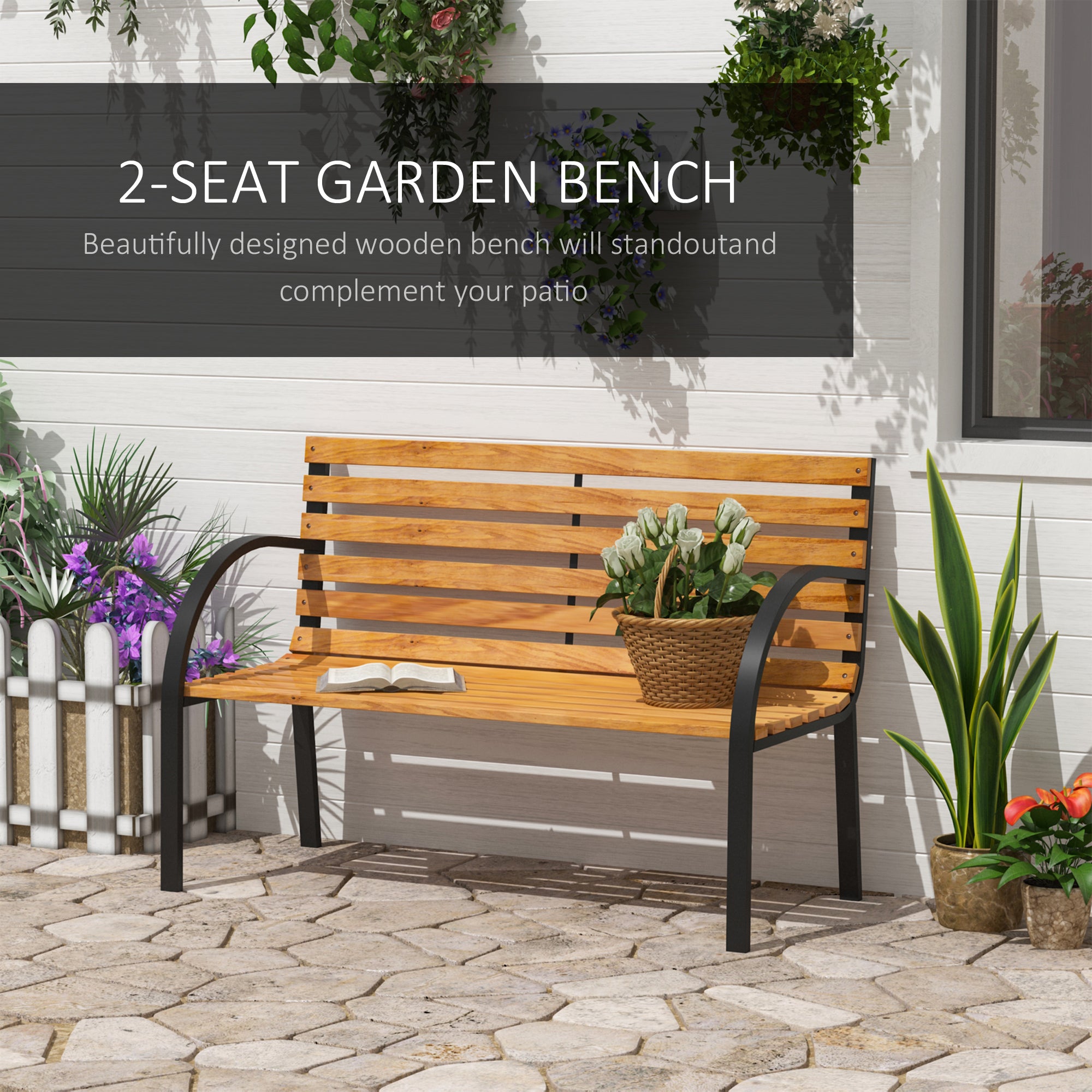 Outsunny 48"L Garden Bench Outdoor Patio 2-Person Wooden Seat Chair Park Loveseat  Yard Furniture w/ Steel Frame