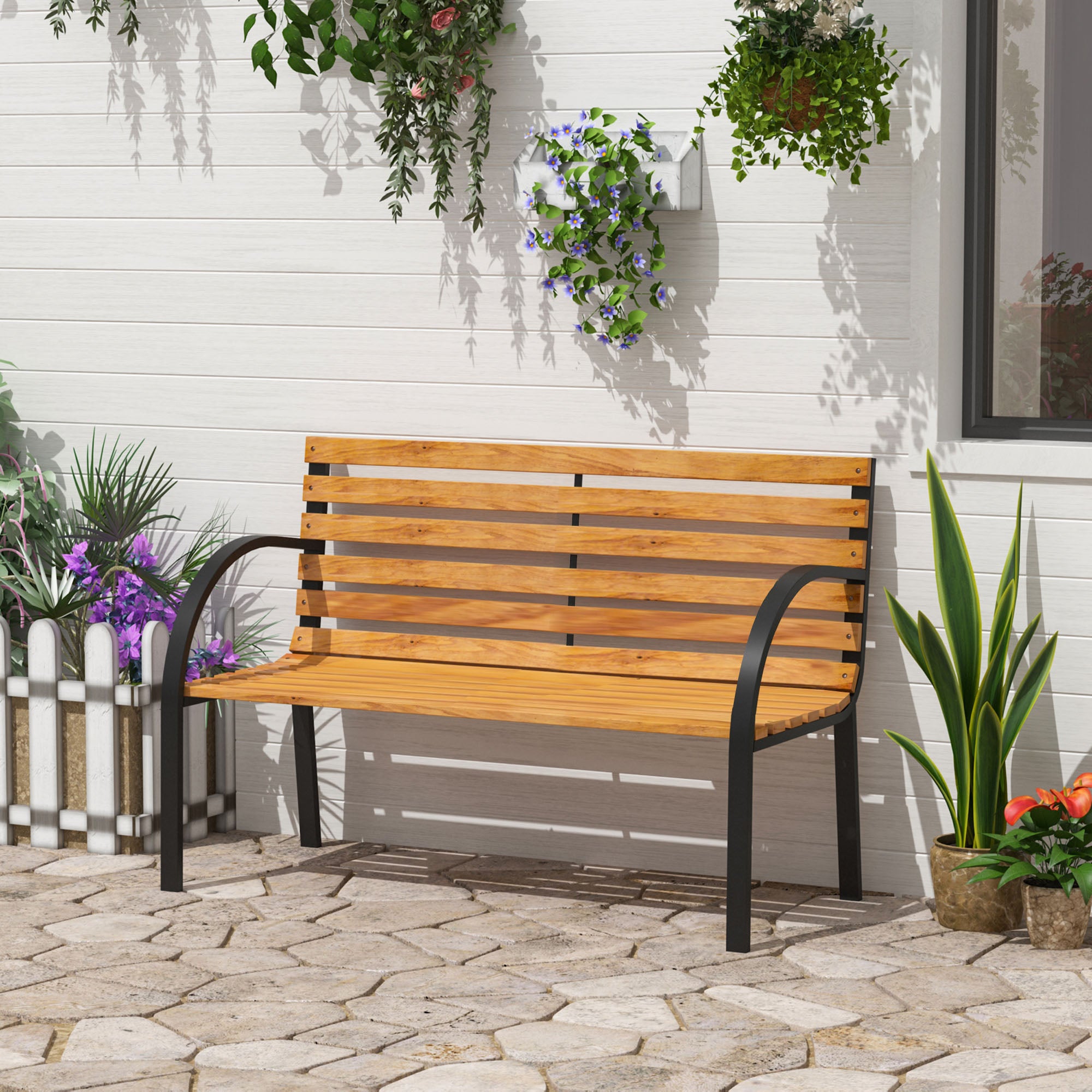 Outsunny 48"L Garden Bench Outdoor Patio 2-Person Wooden Seat Chair Park Loveseat  Yard Furniture w/ Steel Frame