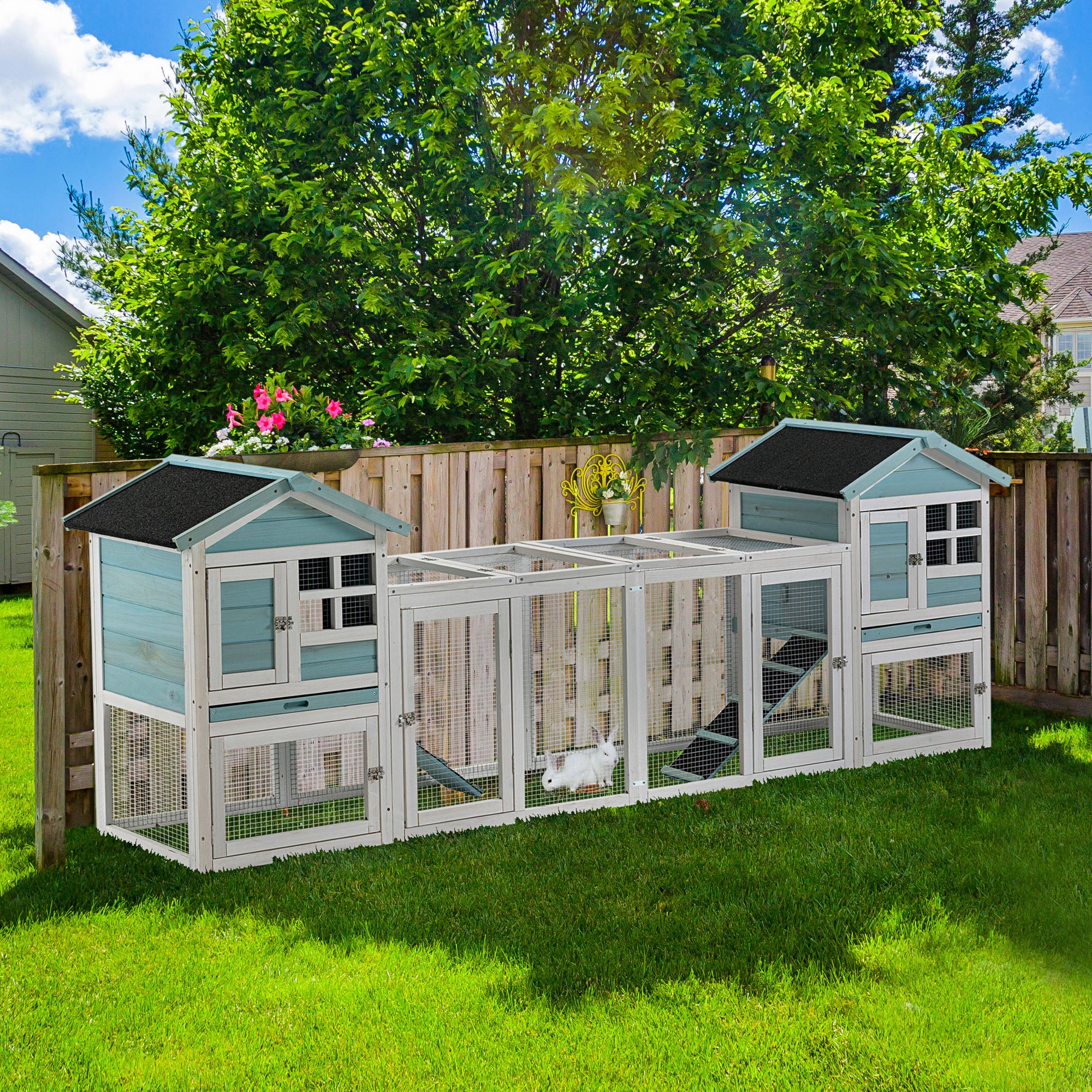 PawHut 102" 2 in 1 Wooden Rabbit Hutch Double Main House Pet Playpen Large Bunny House Enclosure for Indoor Outdoor with Run Box, Slide-out Tray, Ramp, for Rabbits and Small Animals, Blue