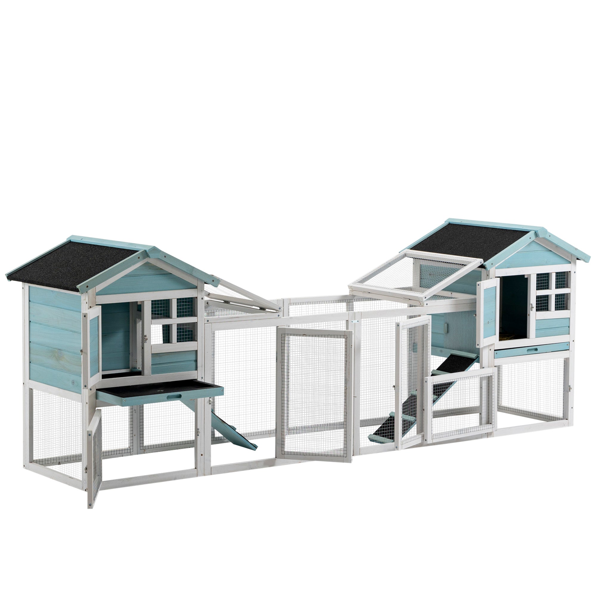 PawHut 102" 2 in 1 Wooden Rabbit Hutch Double Main House Pet Playpen Large Bunny House Enclosure for Indoor Outdoor with Run Box, Slide-out Tray, Ramp, for Rabbits and Small Animals, Blue