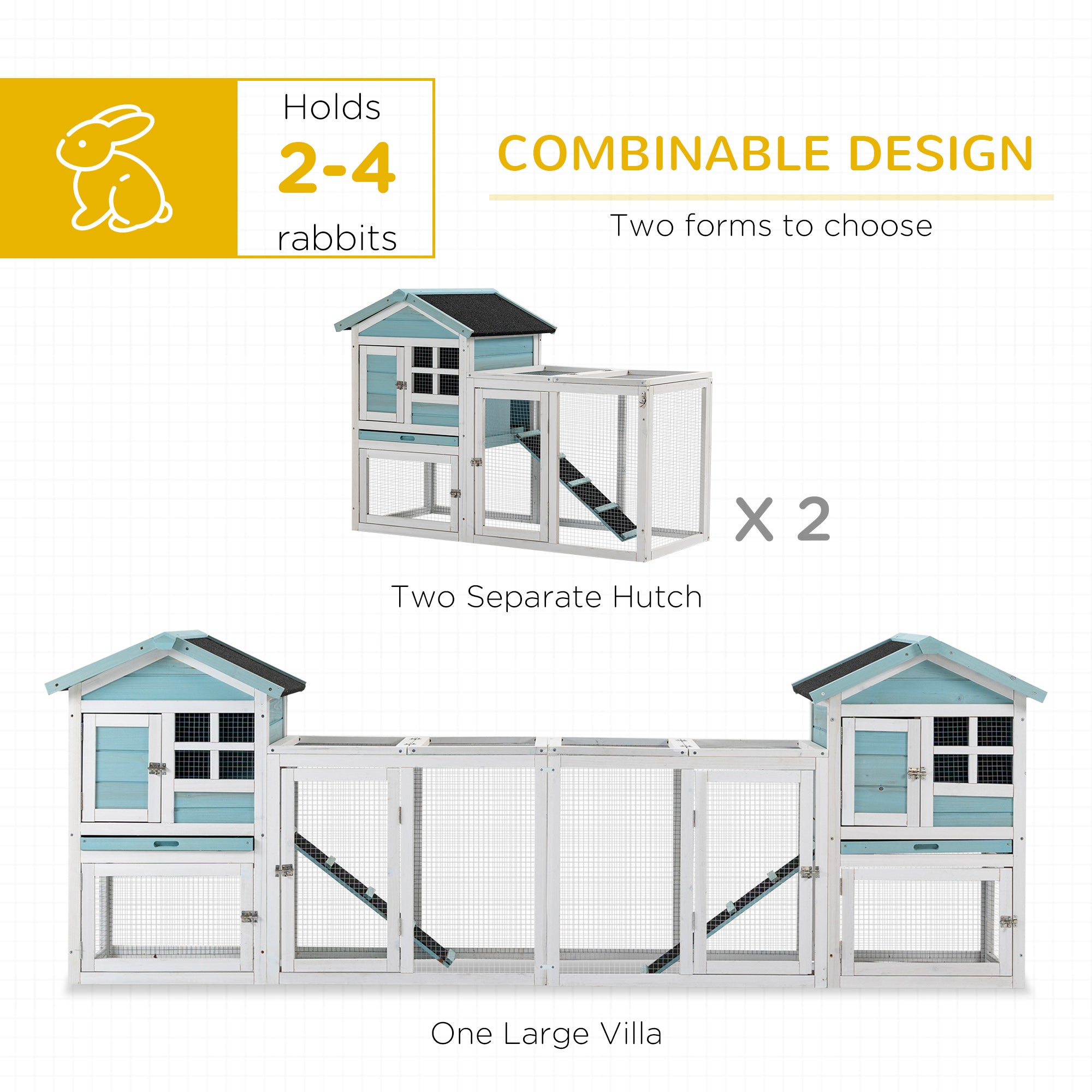 PawHut 102" 2 in 1 Wooden Rabbit Hutch Double Main House Pet Playpen Large Bunny House Enclosure for Indoor Outdoor with Run Box, Slide-out Tray, Ramp, for Rabbits and Small Animals, Blue